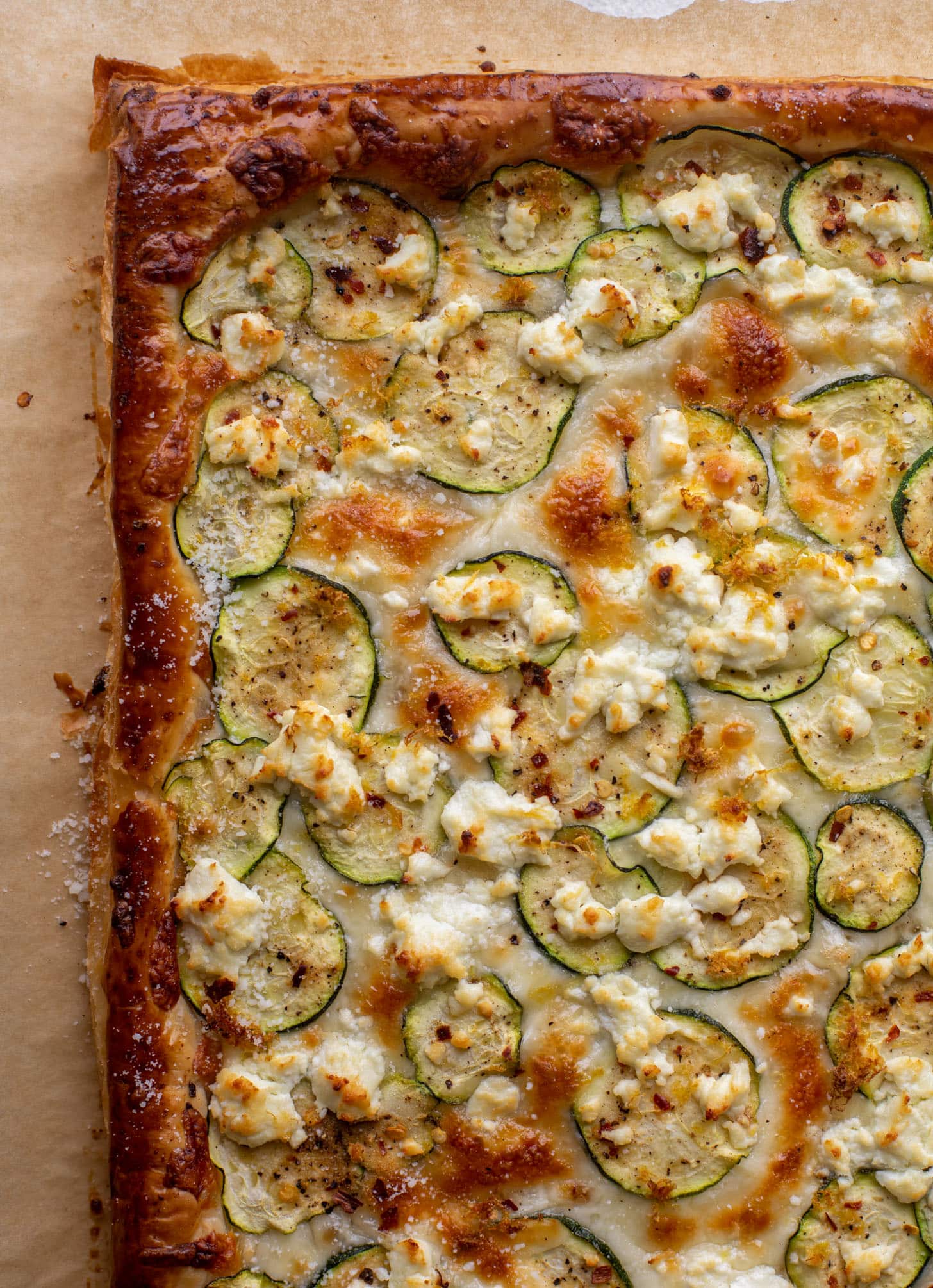 zucchini, lemon & goat cheese puff pastry pizza