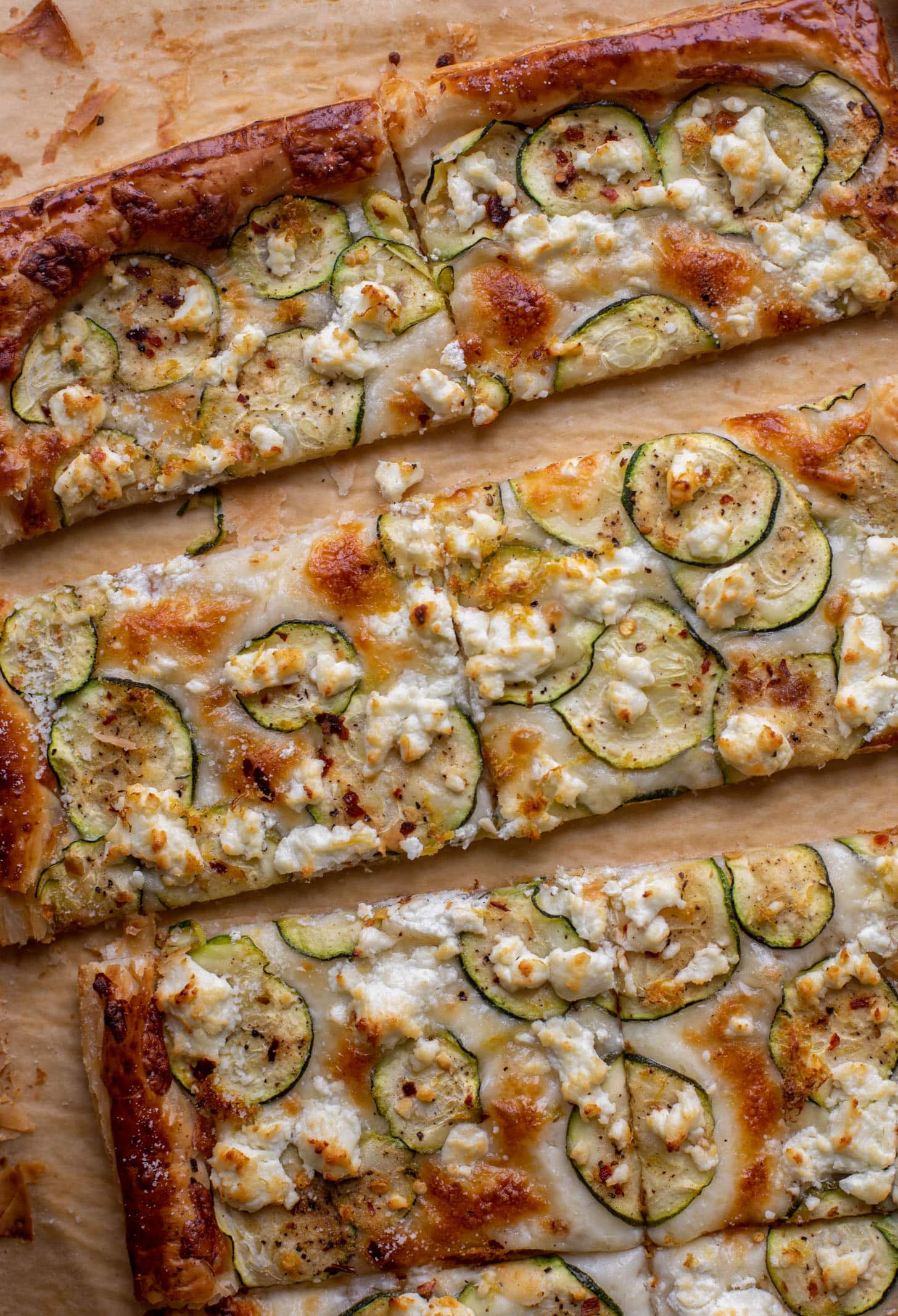zucchini, lemon & goat cheese puff pastry pizza