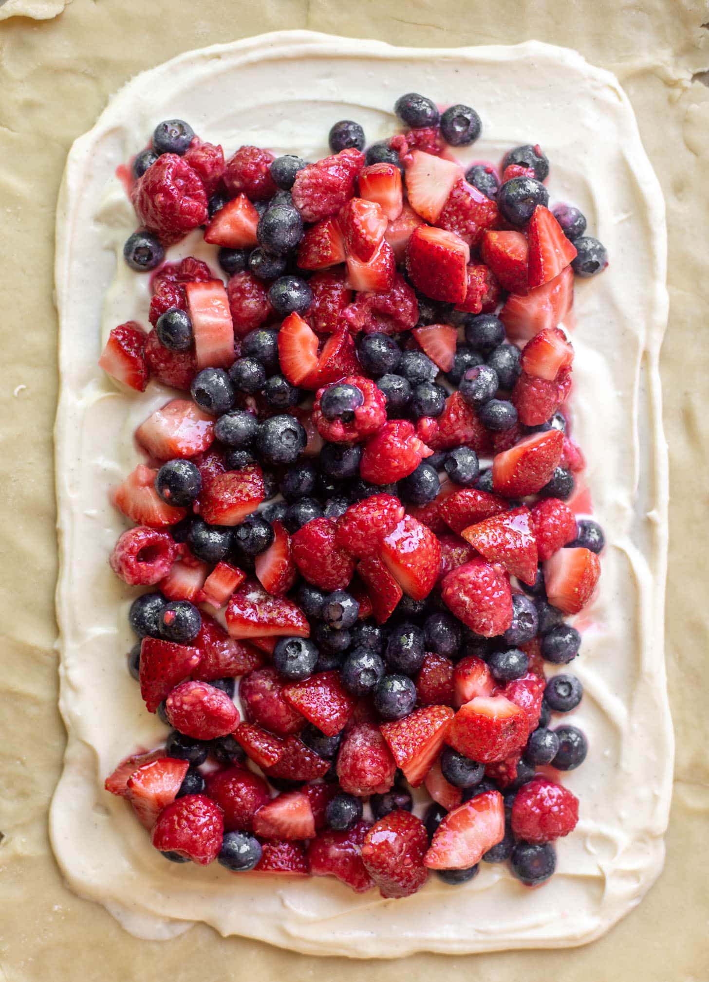 pie dough, cheesecake filling, berries