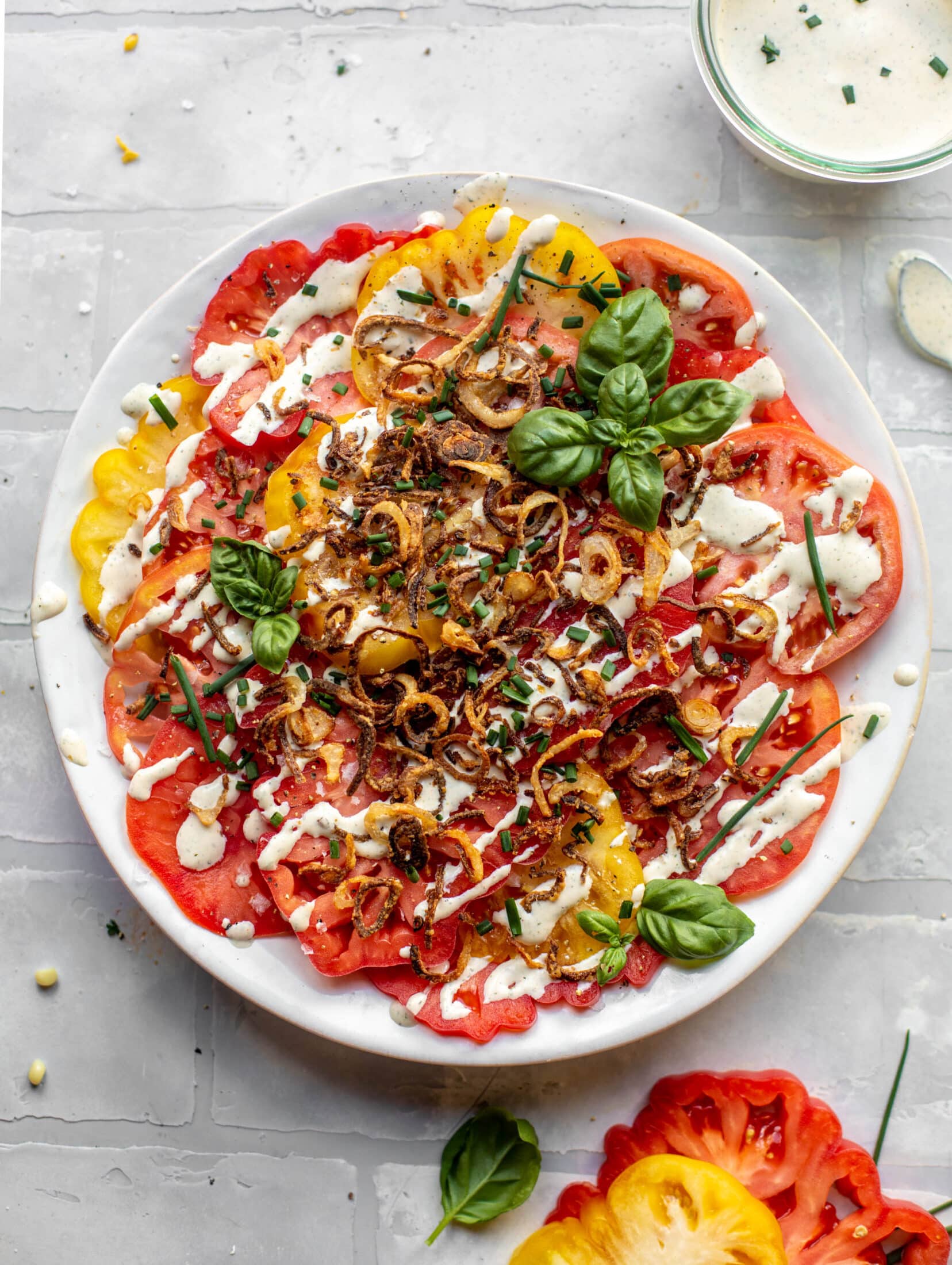 heirloom tomato salad with buttermilk ranch and crispy shallots
