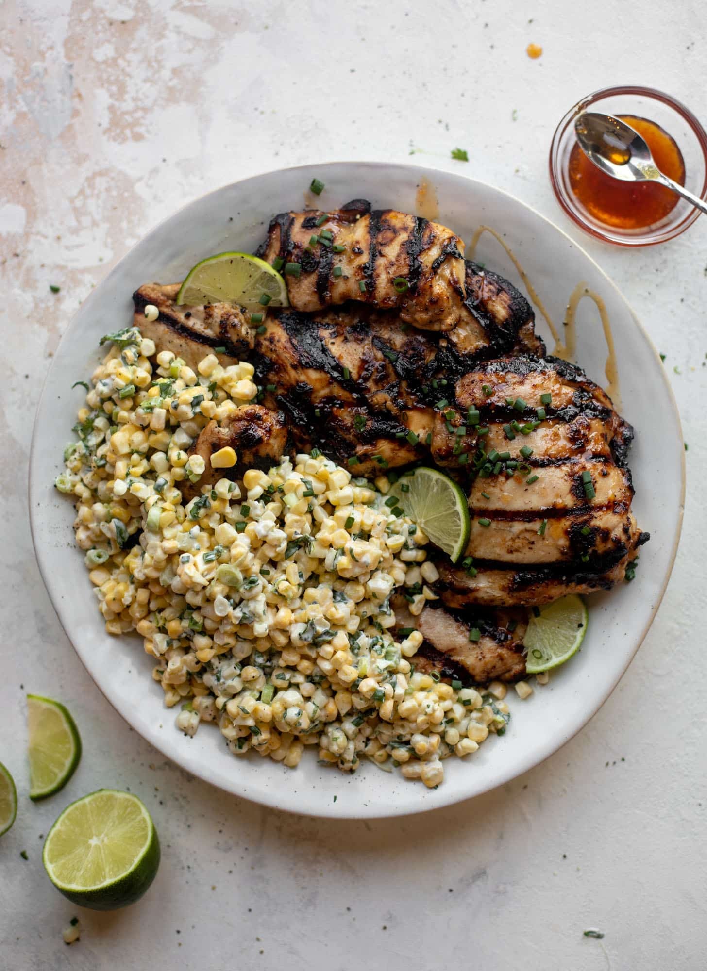 grilled hot honey chicken with lime corn salad