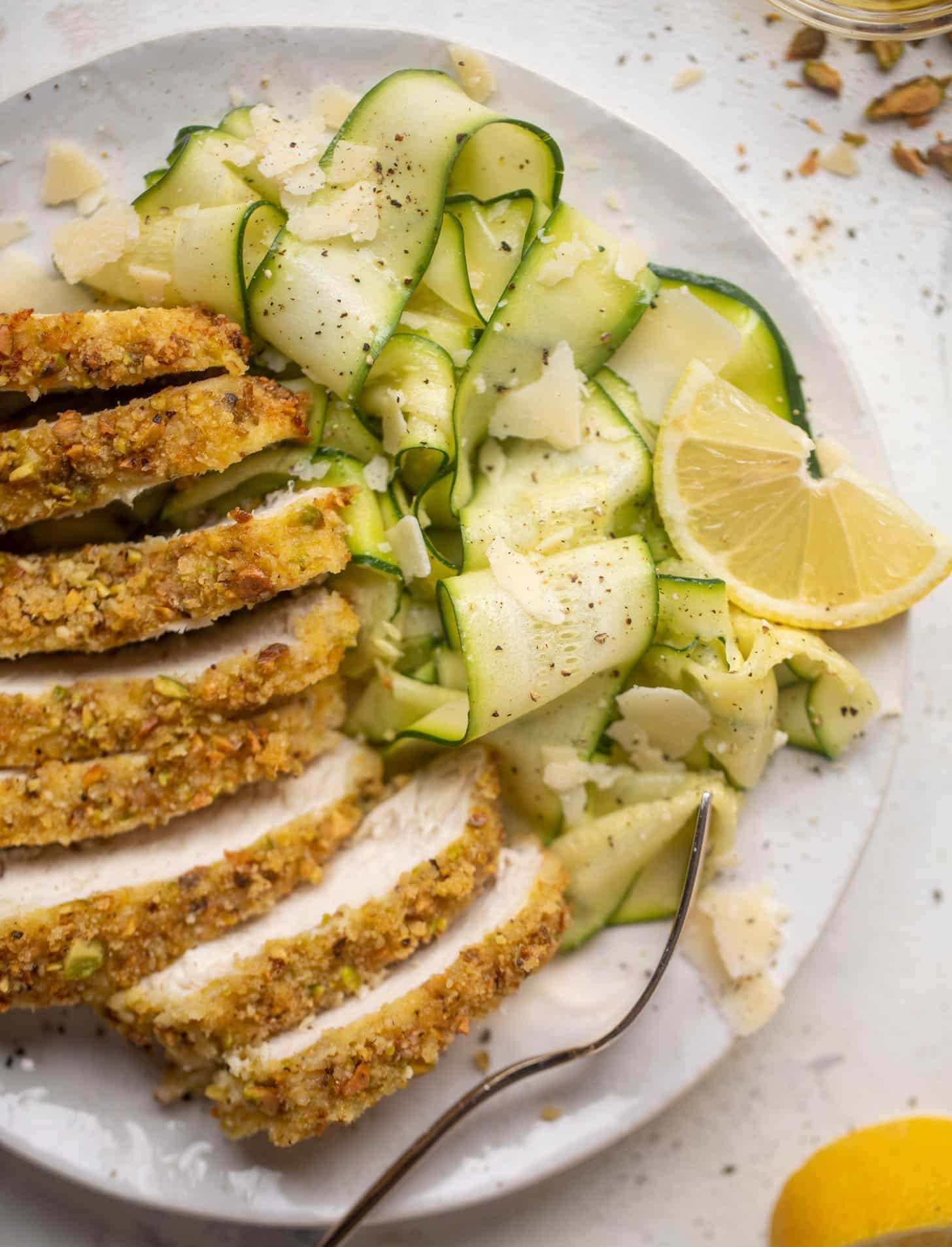 pistachio crusted chicken with zucchini ribbon salad