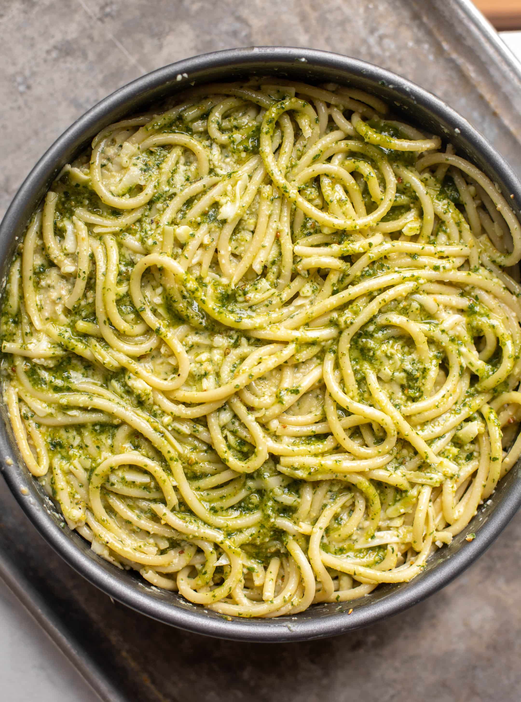 pesto pasta pie in a pan