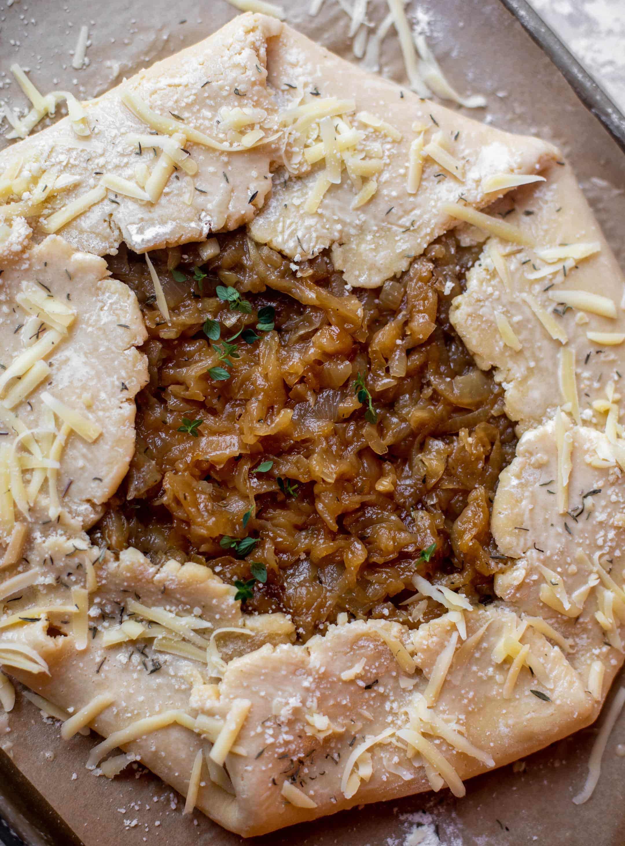 french onion galette ready for the oven