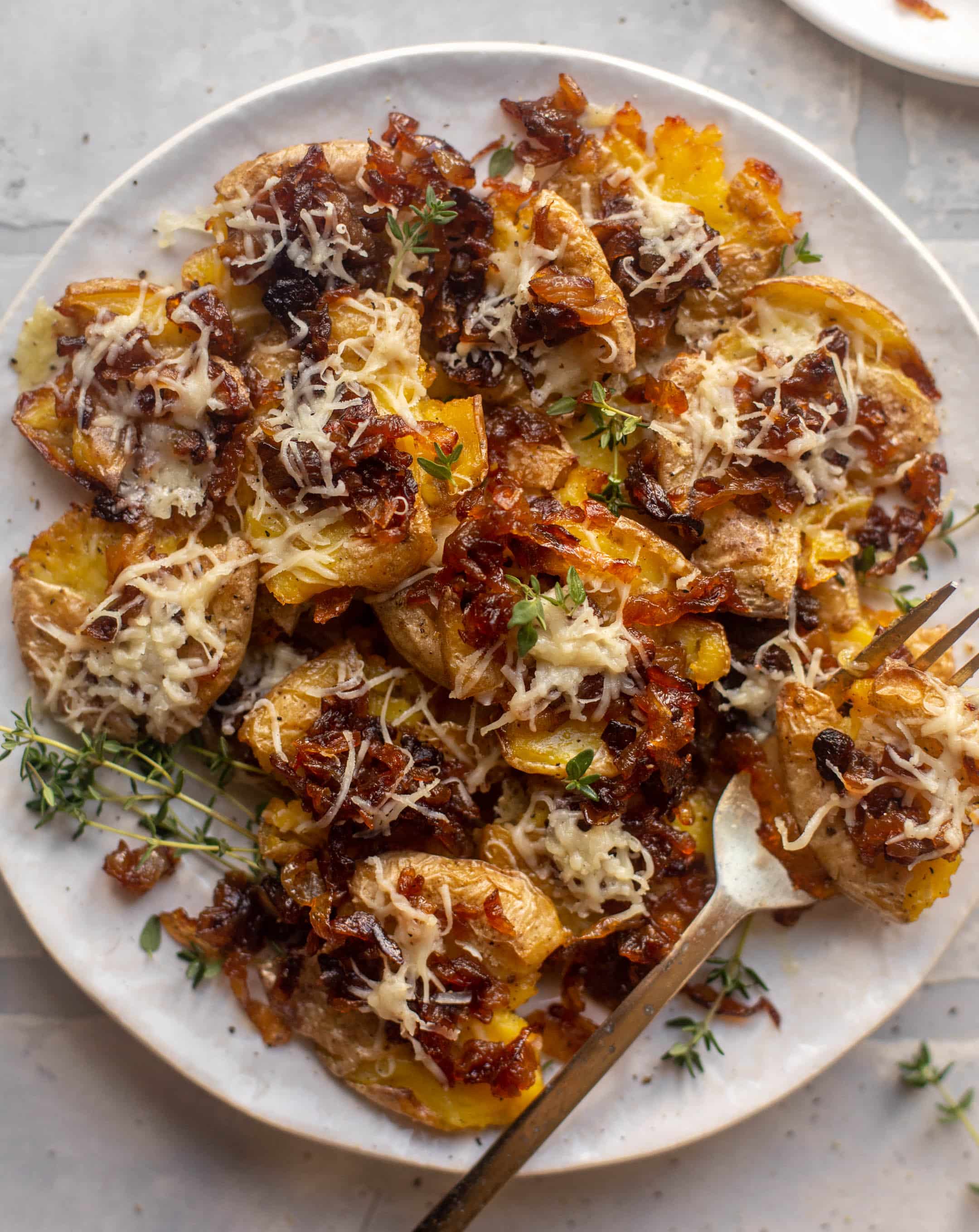 crispy french onion smashed potatoes