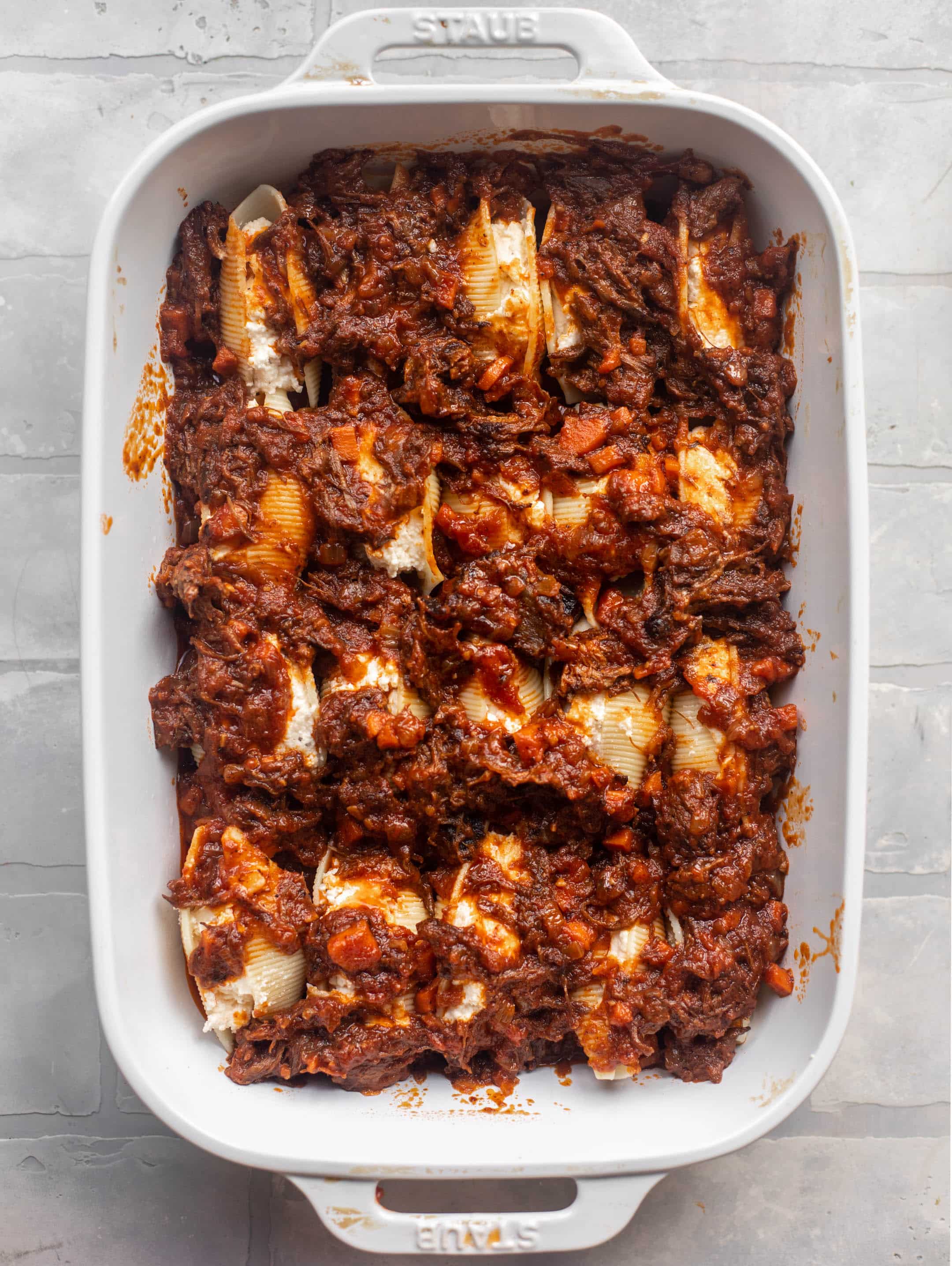 short rib stuffed shells ready for the oven