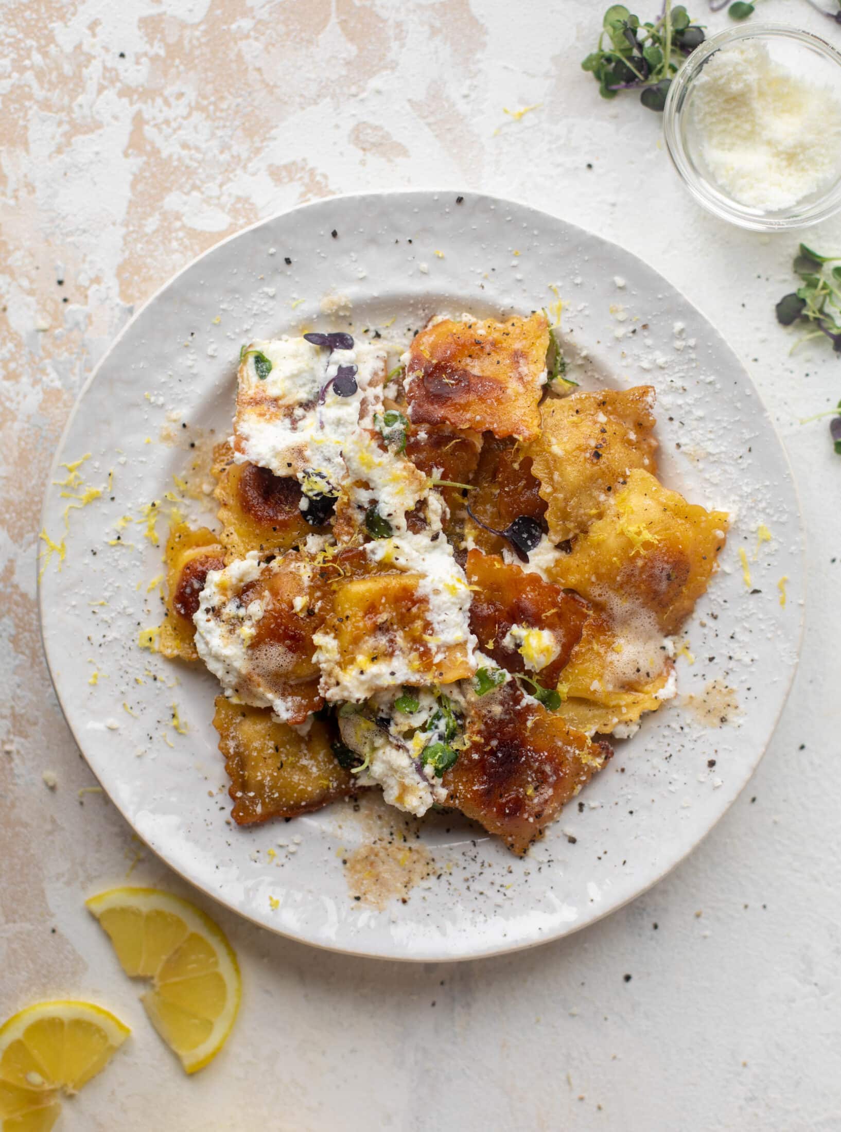 toasted skillet ravioli with lemon & brown butter
