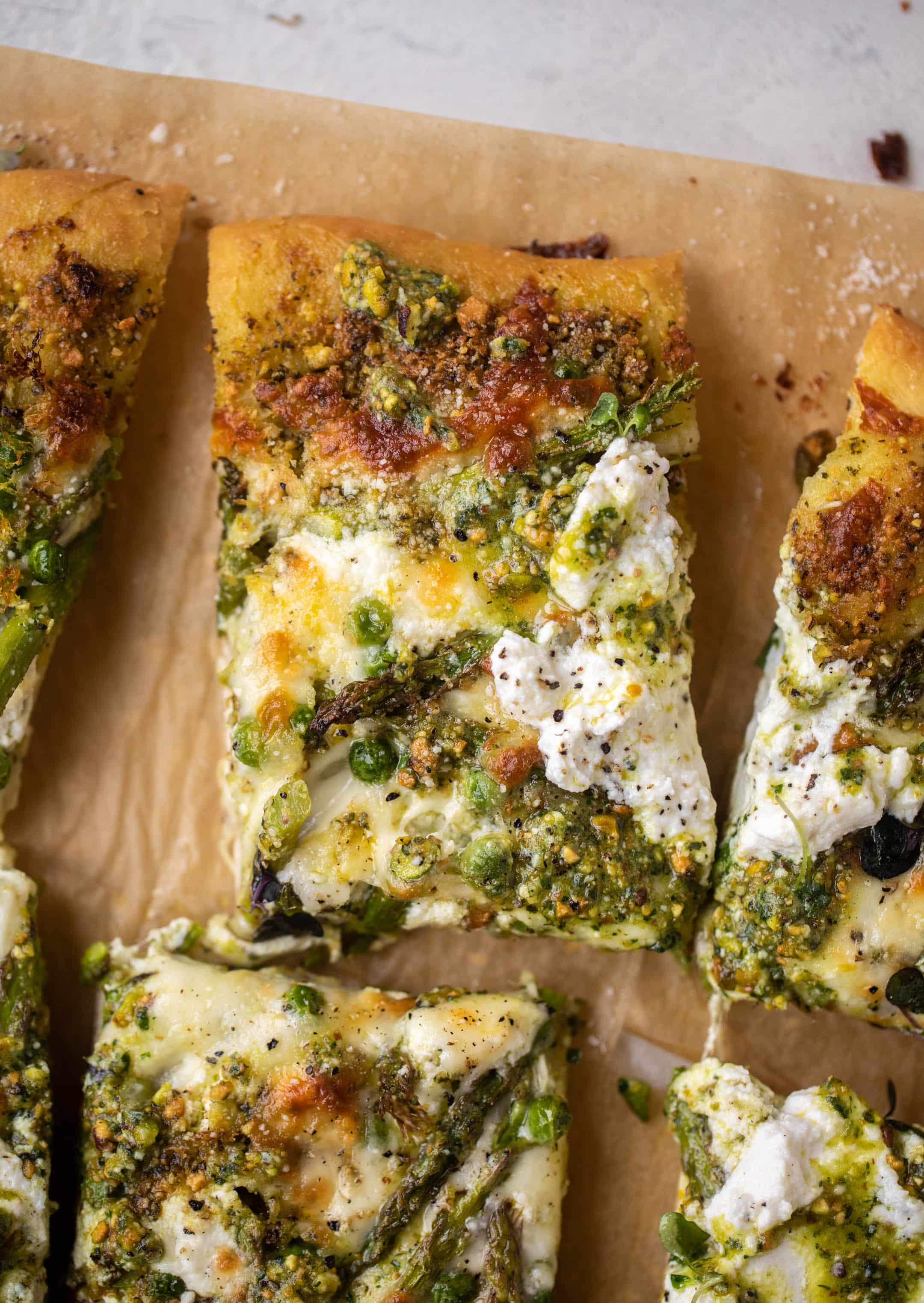 spring pistachio pesto pizza