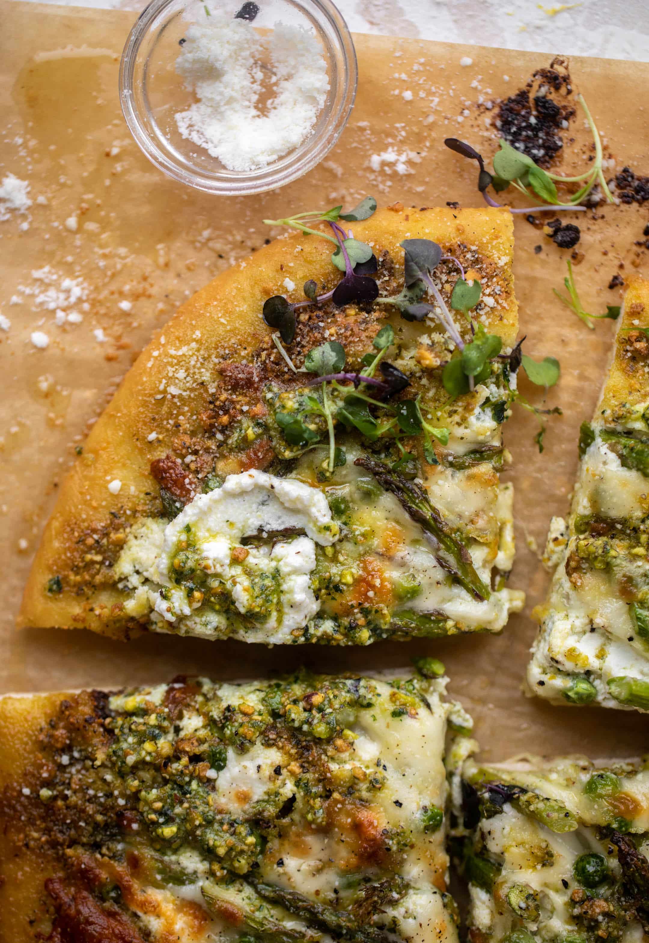 spring pistachio pesto pizza