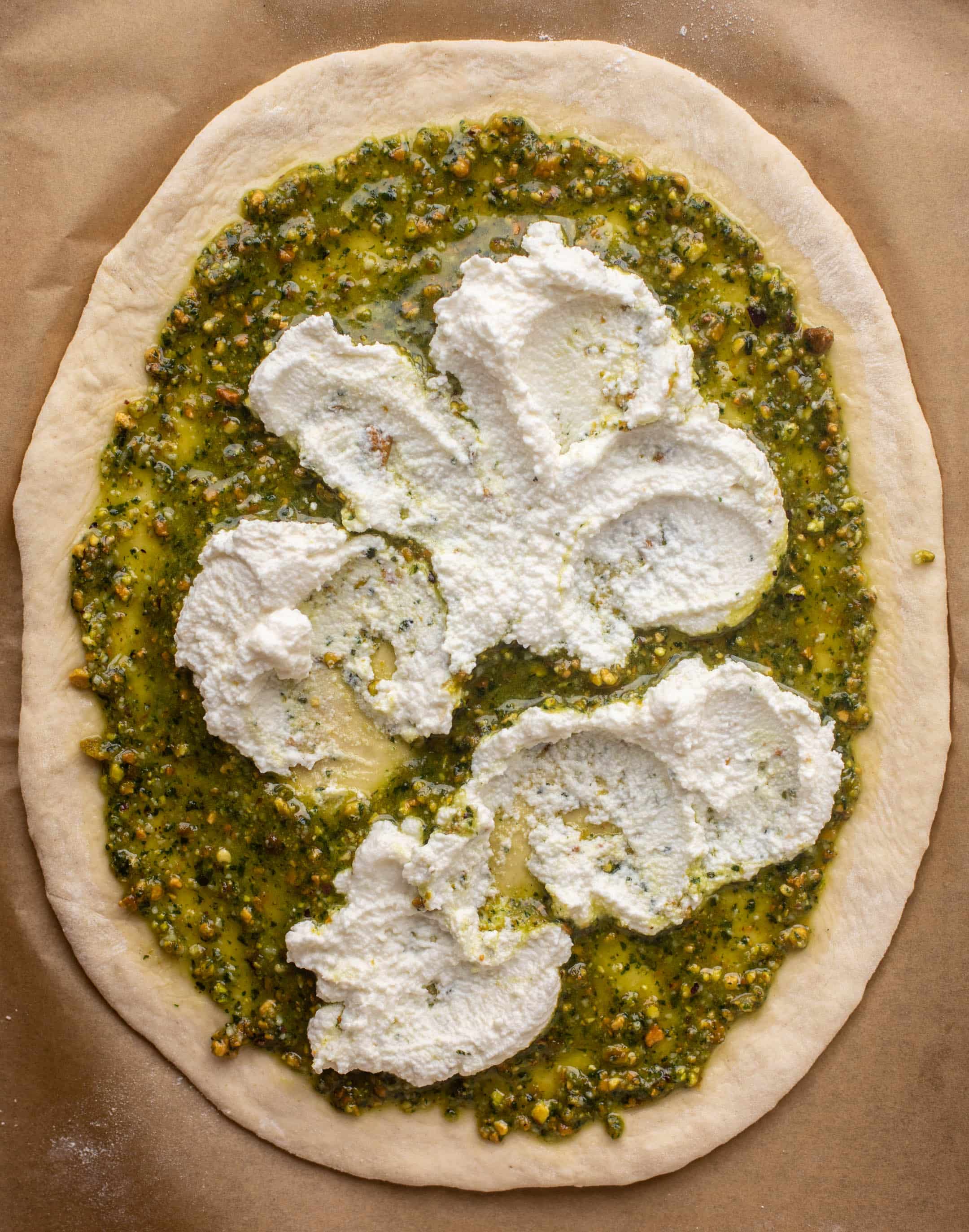 spring pistachio pesto pizza