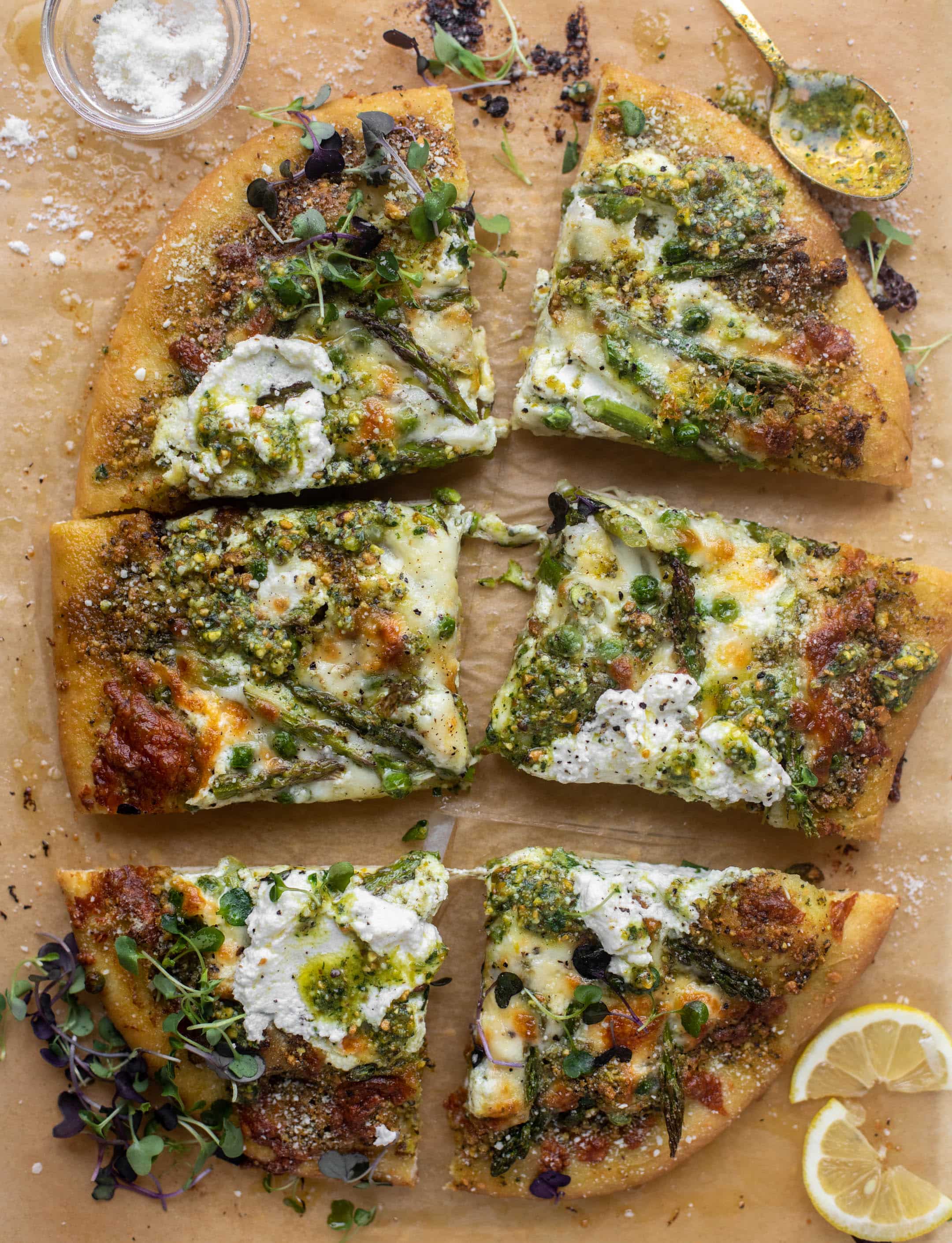 spring pistachio pesto pizza