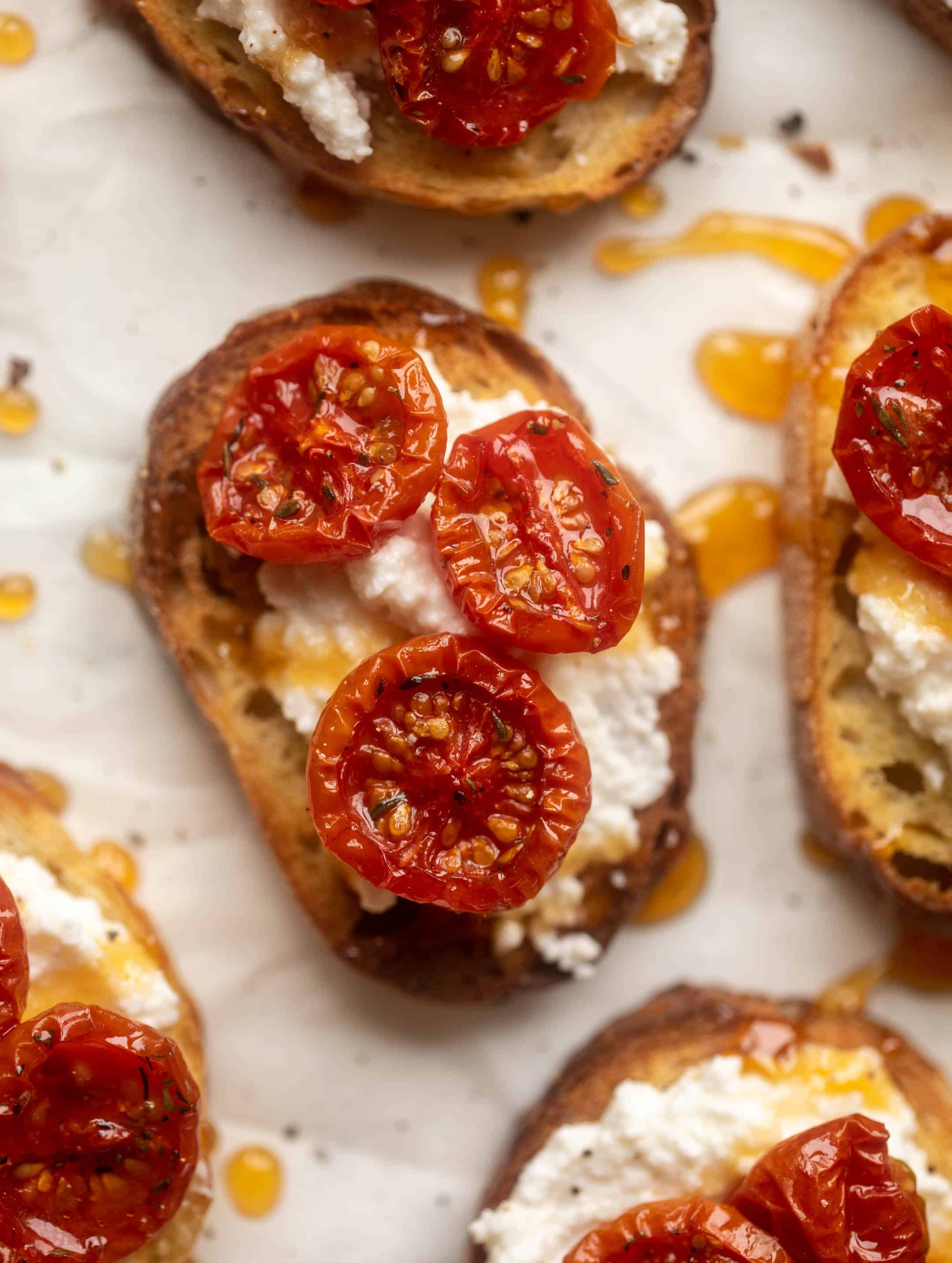 slow roasted hot honey tomato crostini