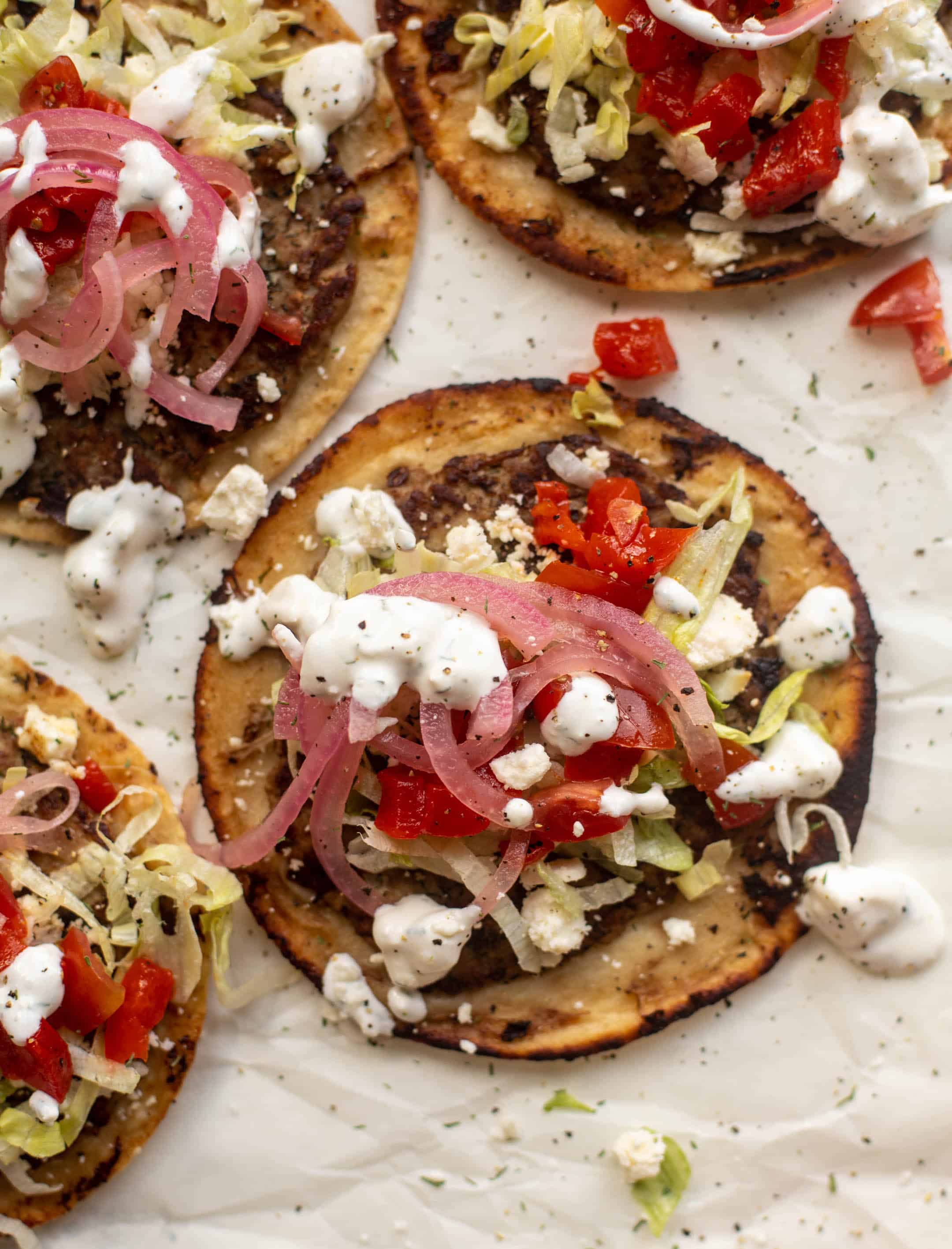 Mediterranean turkey smash burger tacos