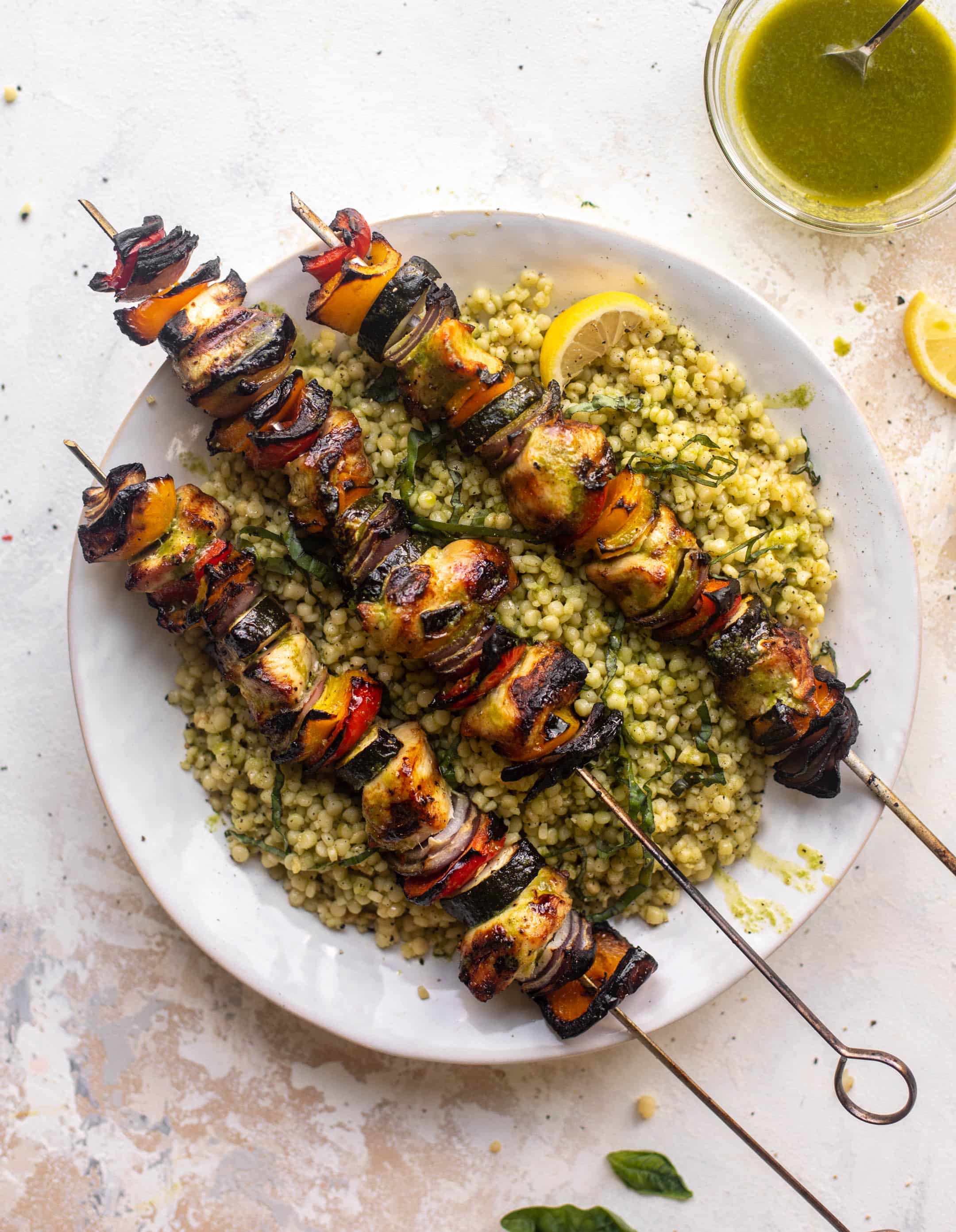 summer chicken skewers with basil couscous