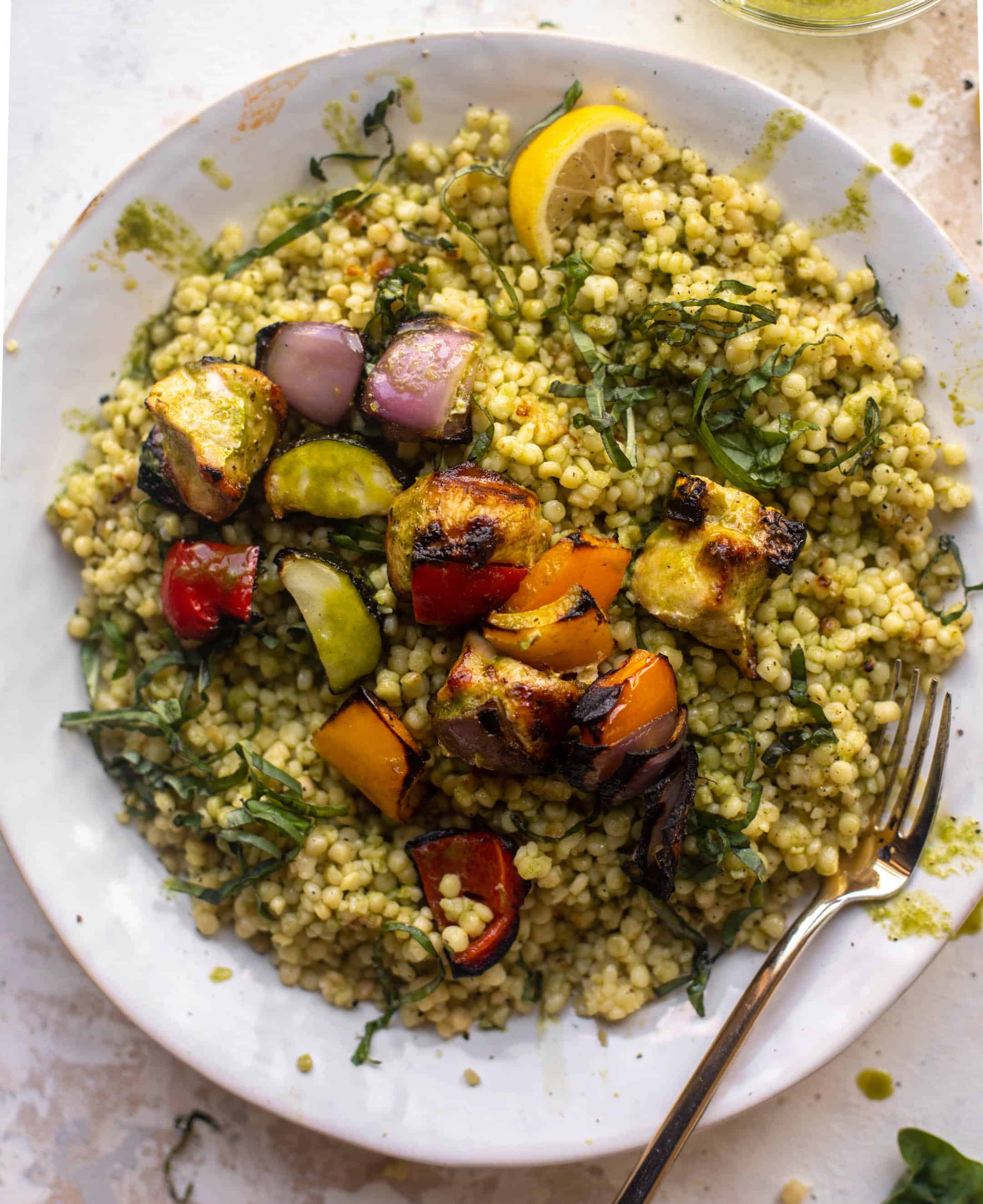 summer chicken skewers with basil couscous