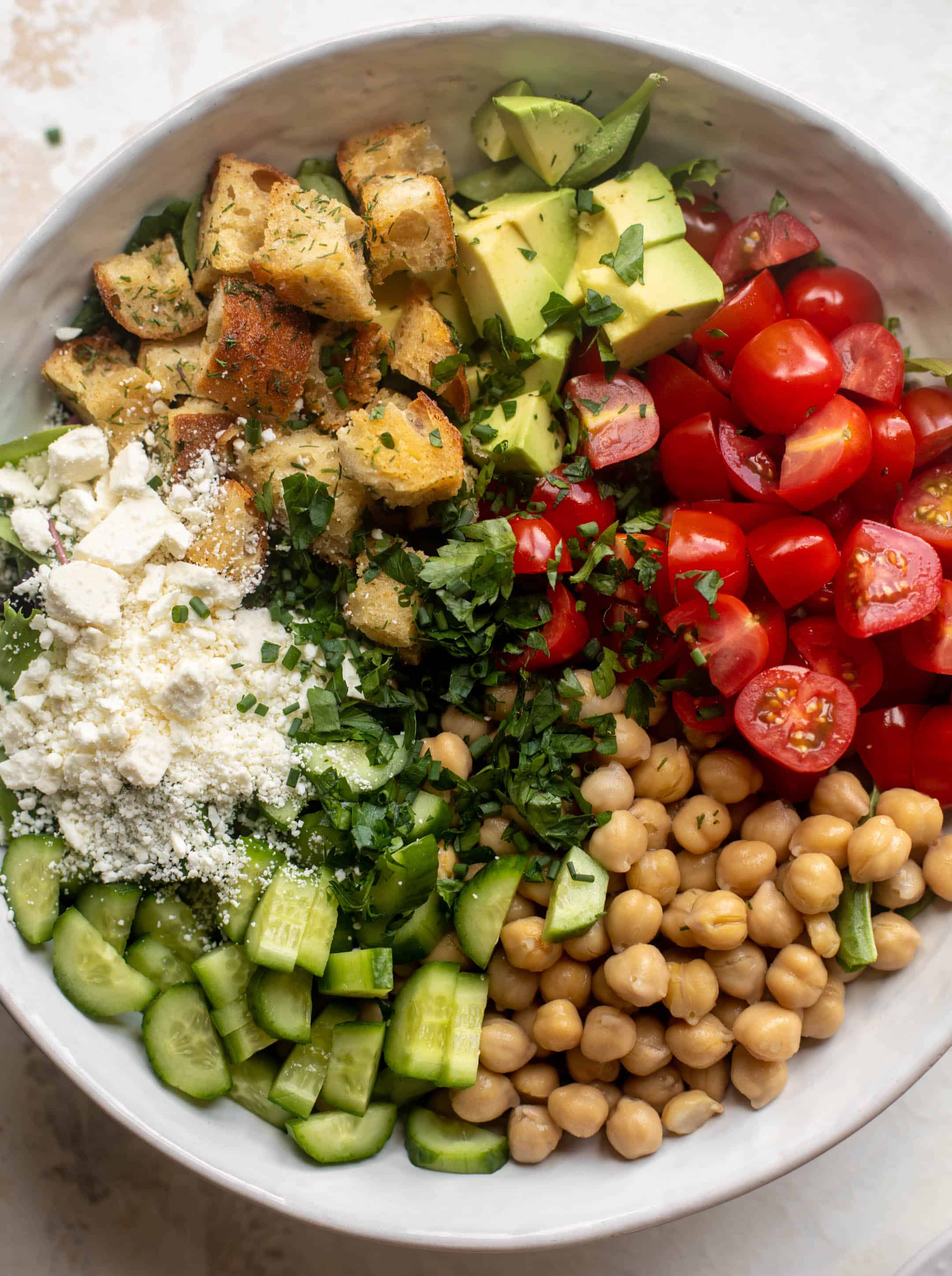 chickpea salad bowl with dilly croutons