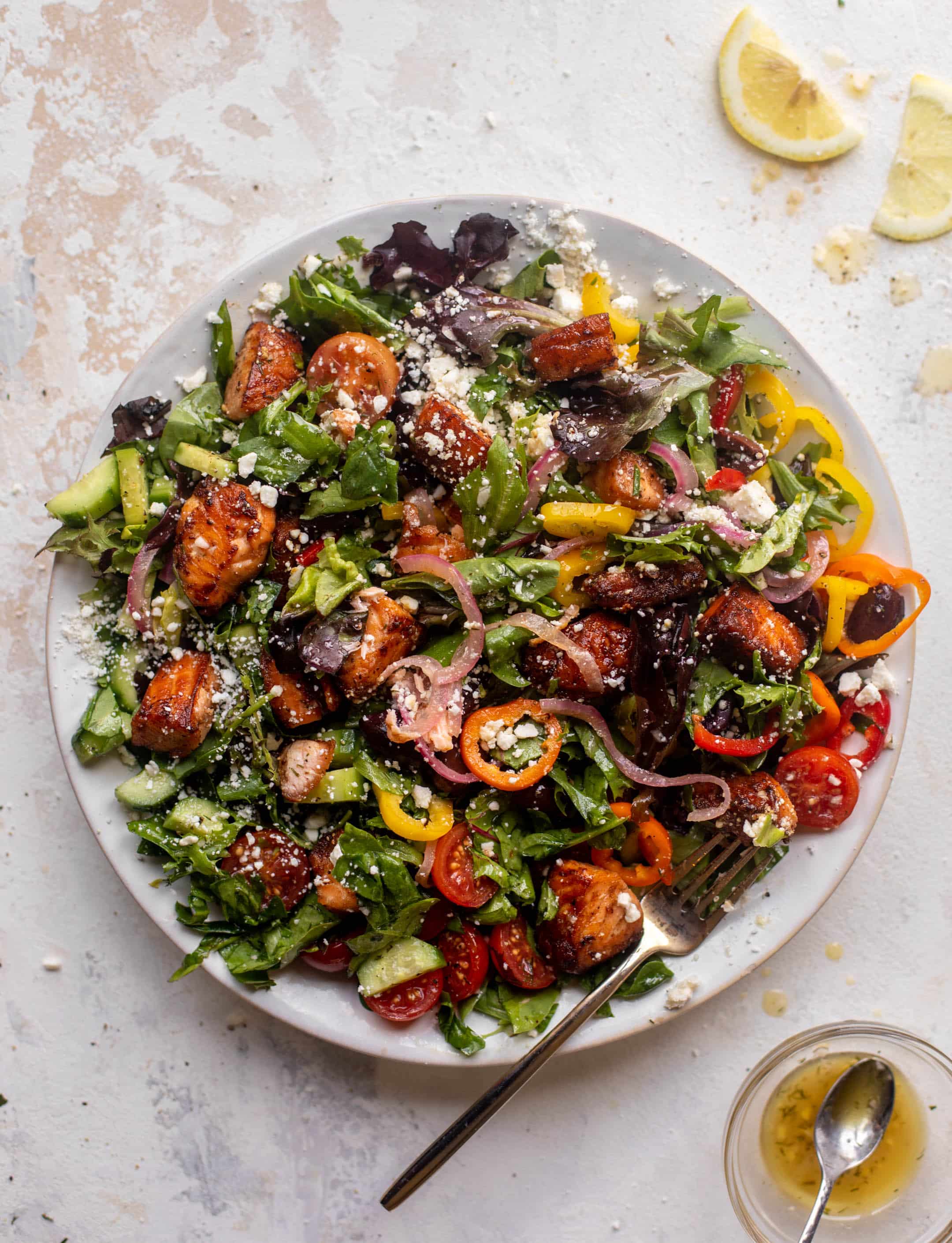 crispy lemon salmon greek salad