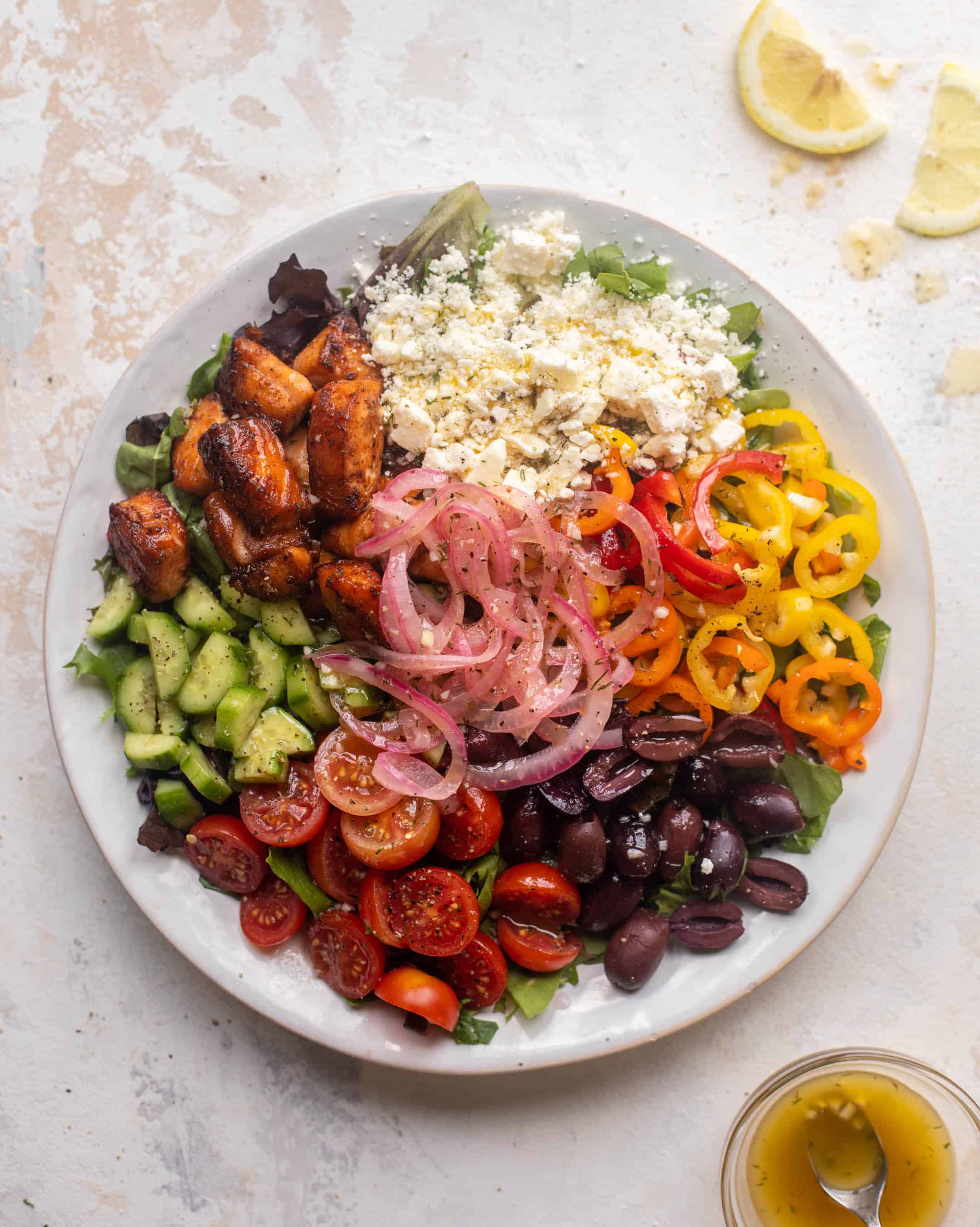 crispy lemon salmon greek salad