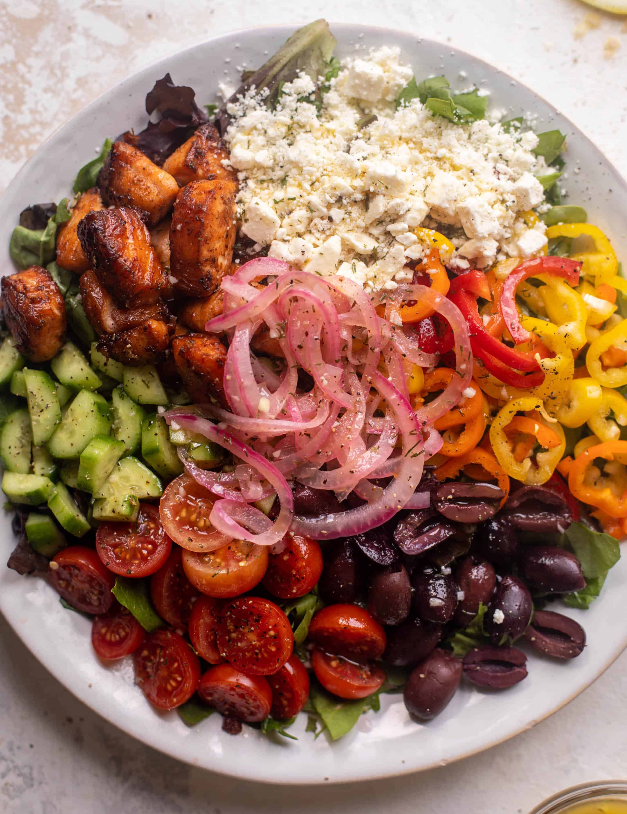 crispy lemon salmon greek salad