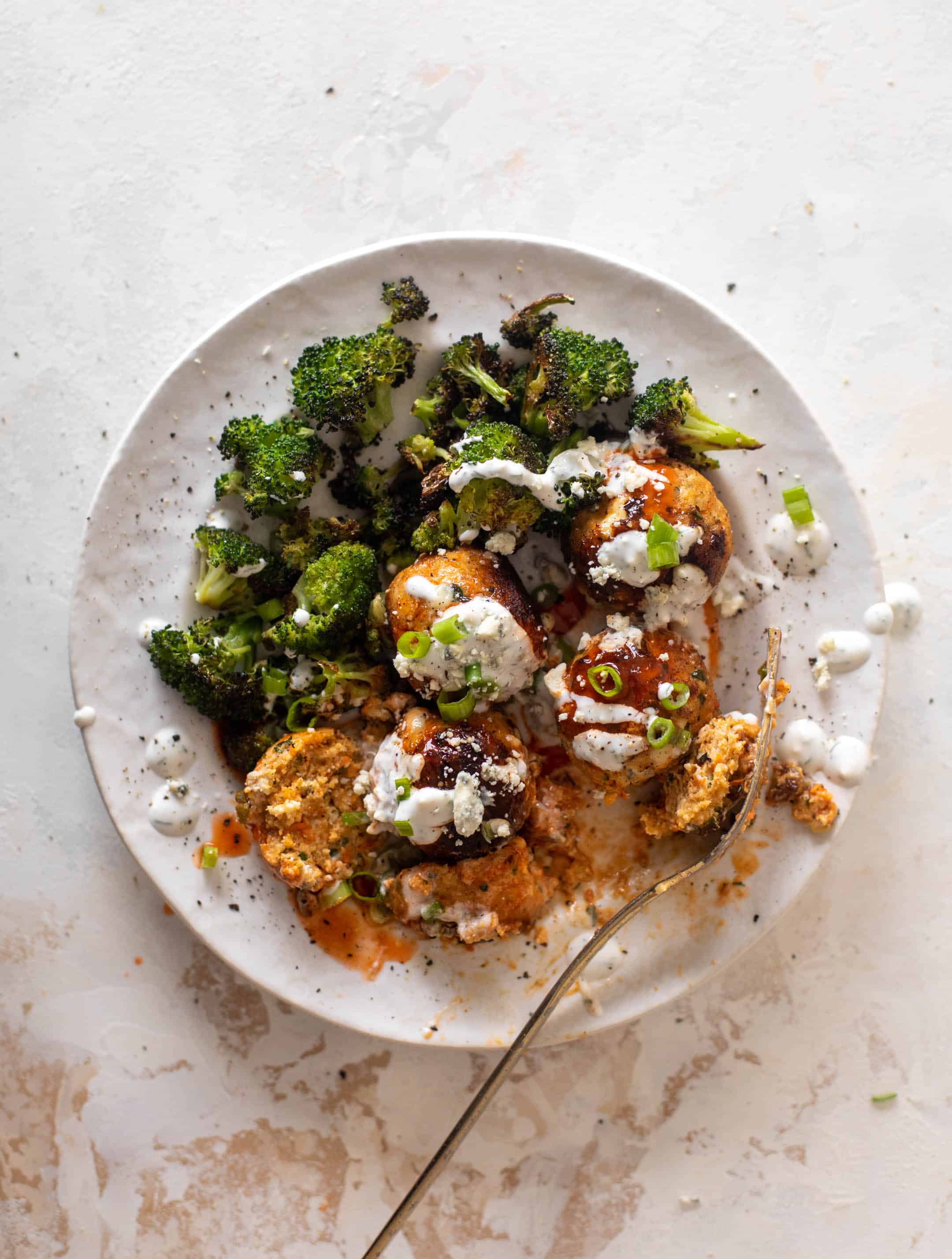 sheet pan buffalo chicken meatballs & broccoli