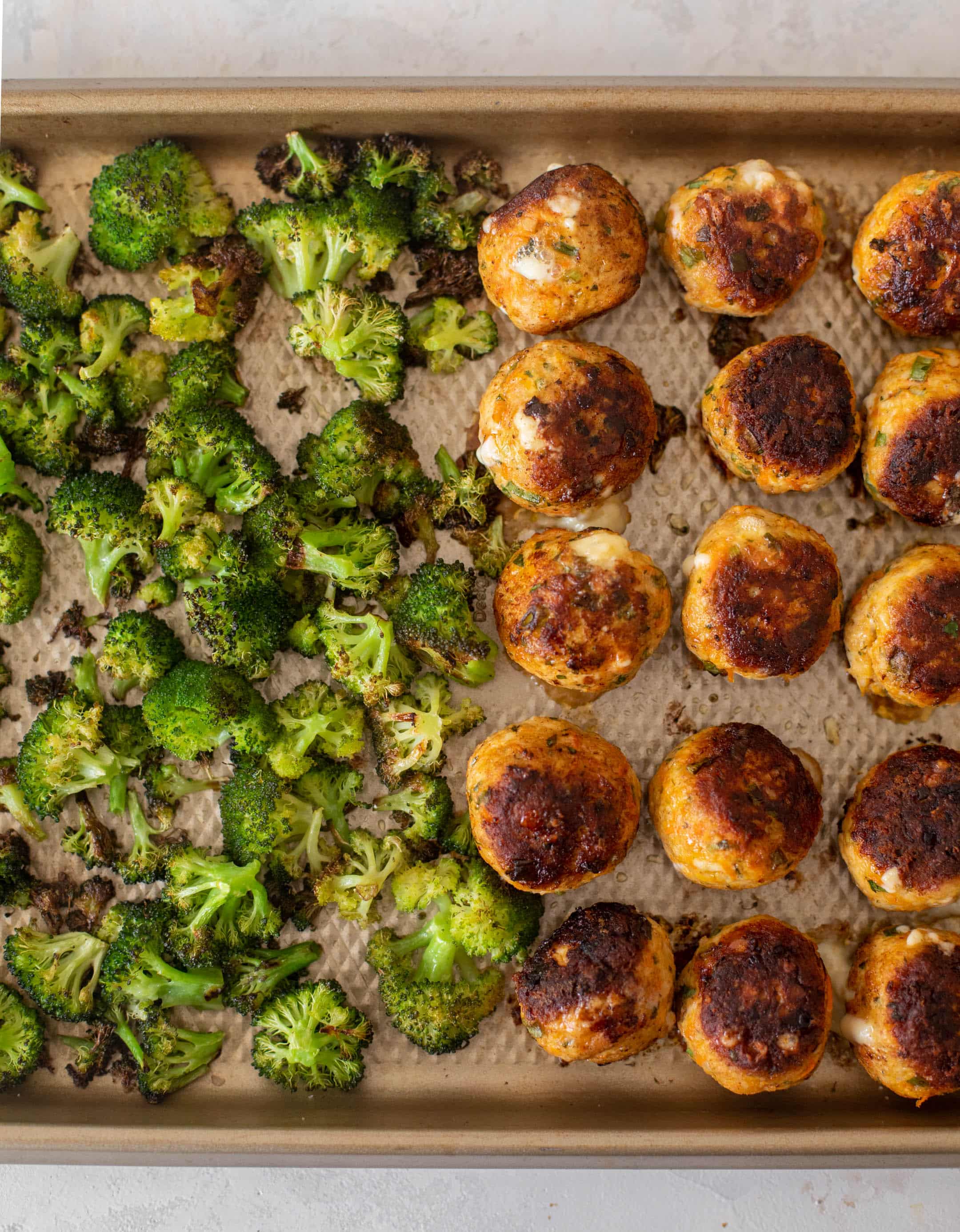 sheet pan buffalo chicken meatballs & broccoli