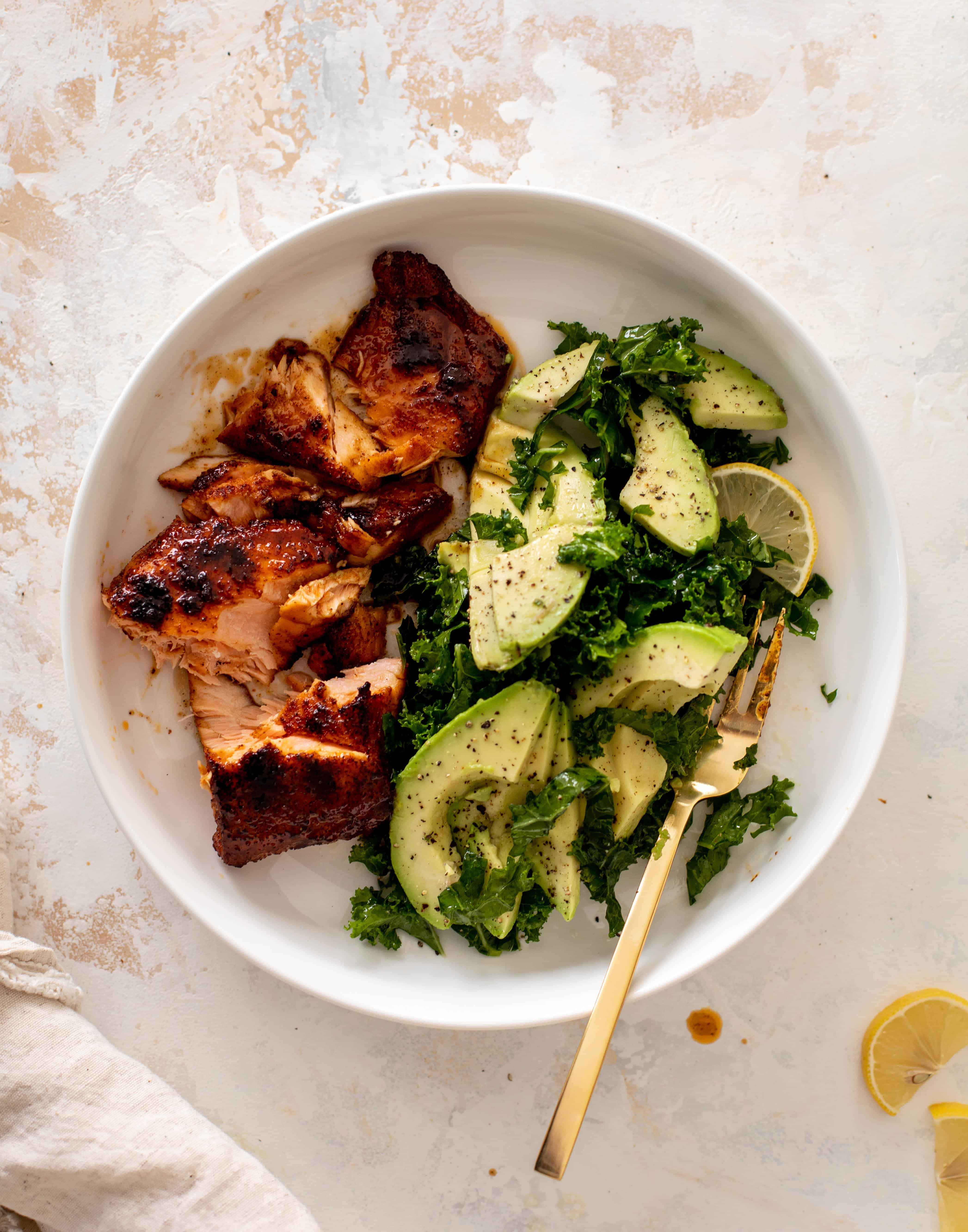 sticky salmon with avocado greens