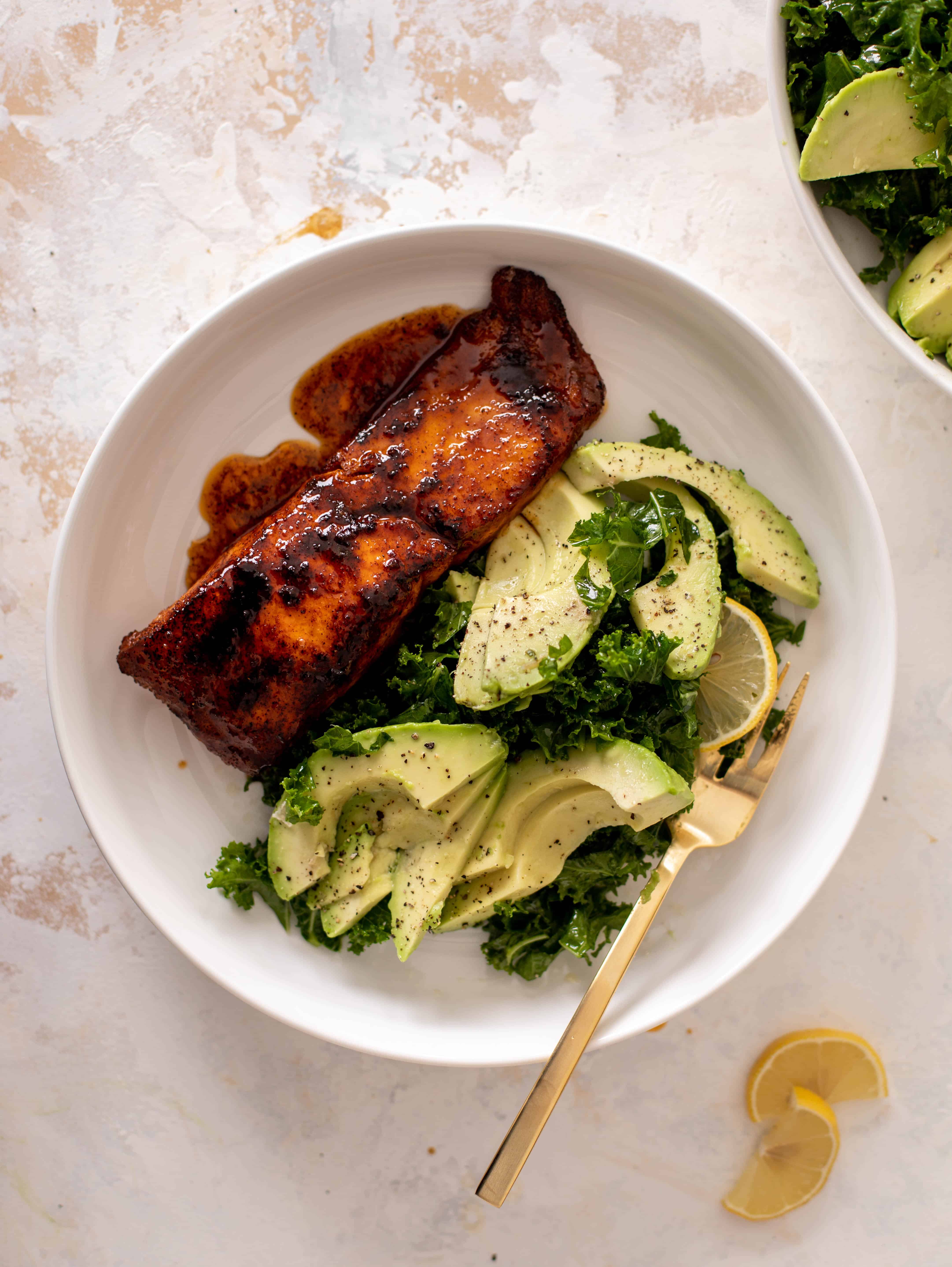 sticky salmon with avocado greens