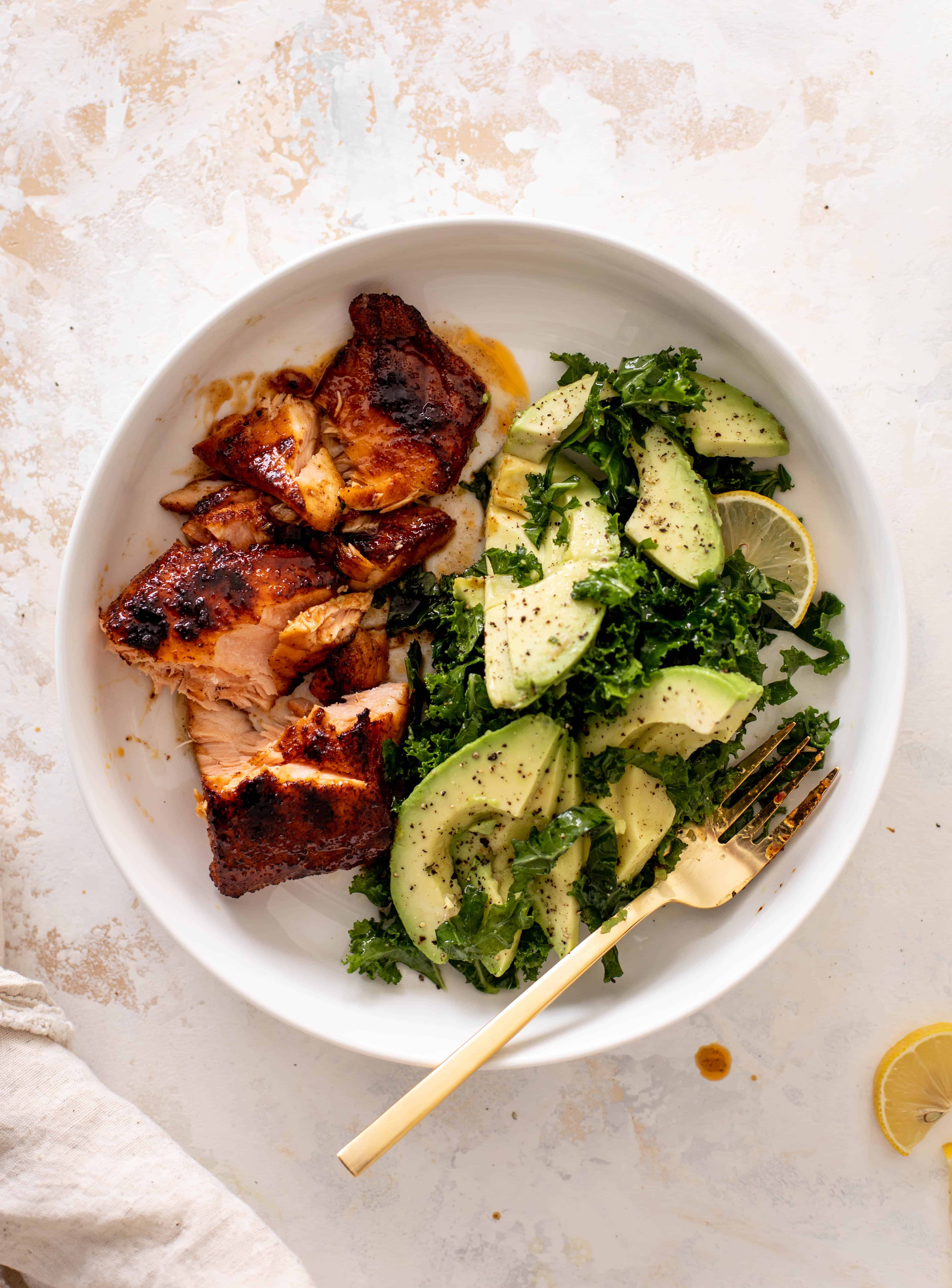 sticky salmon with avocado greens