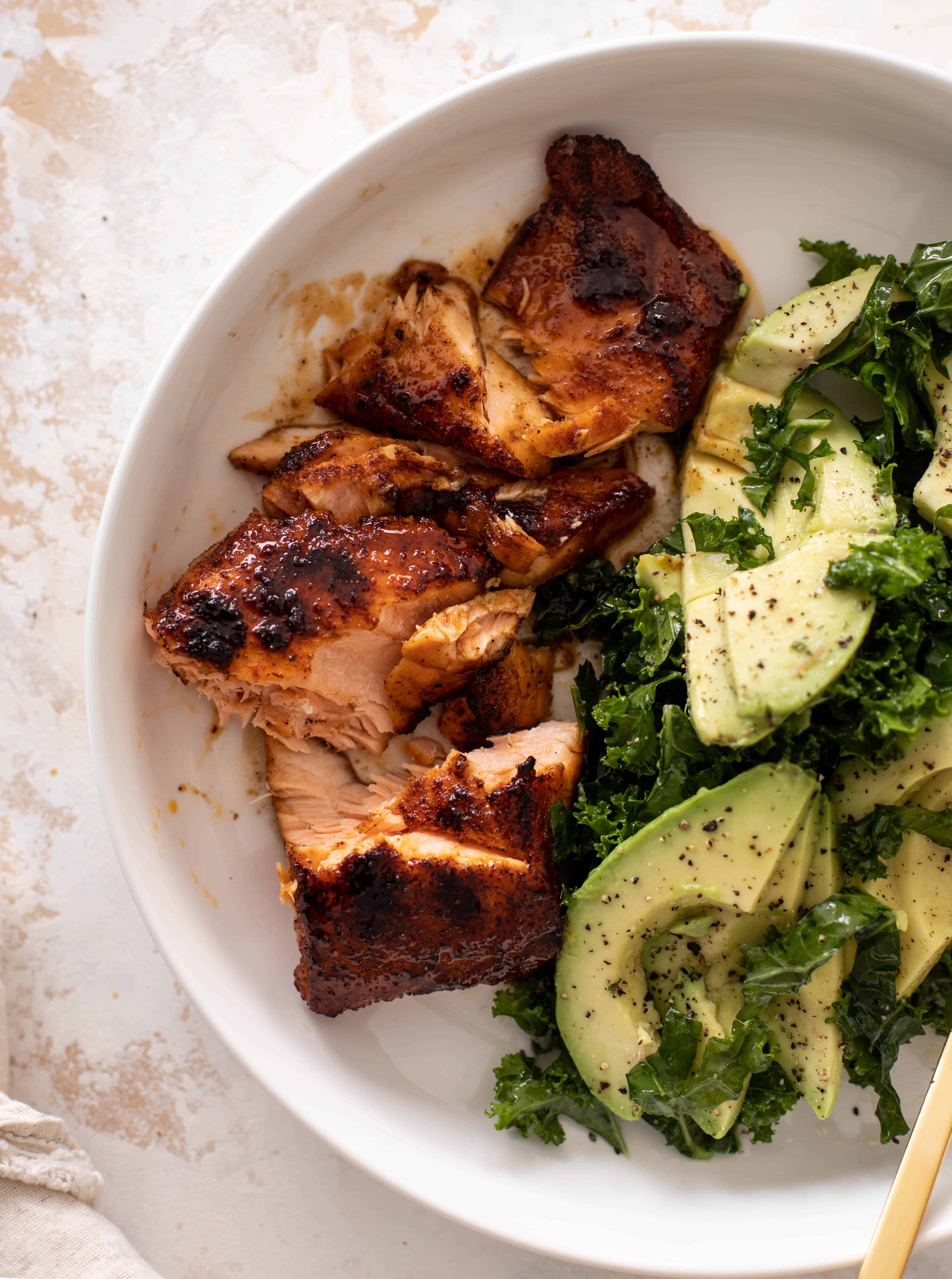 sticky salmon with avocado greens