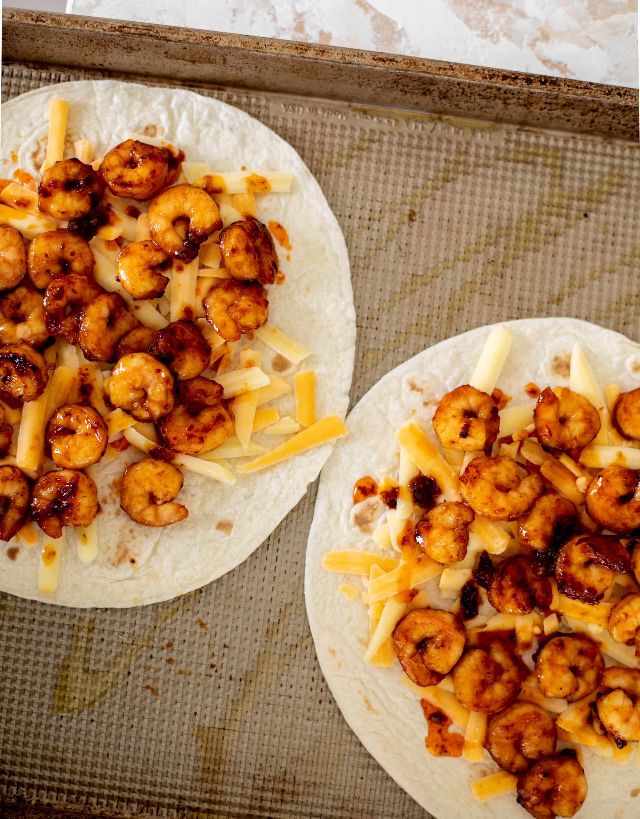 crispy hot honey shrimp quesadilla