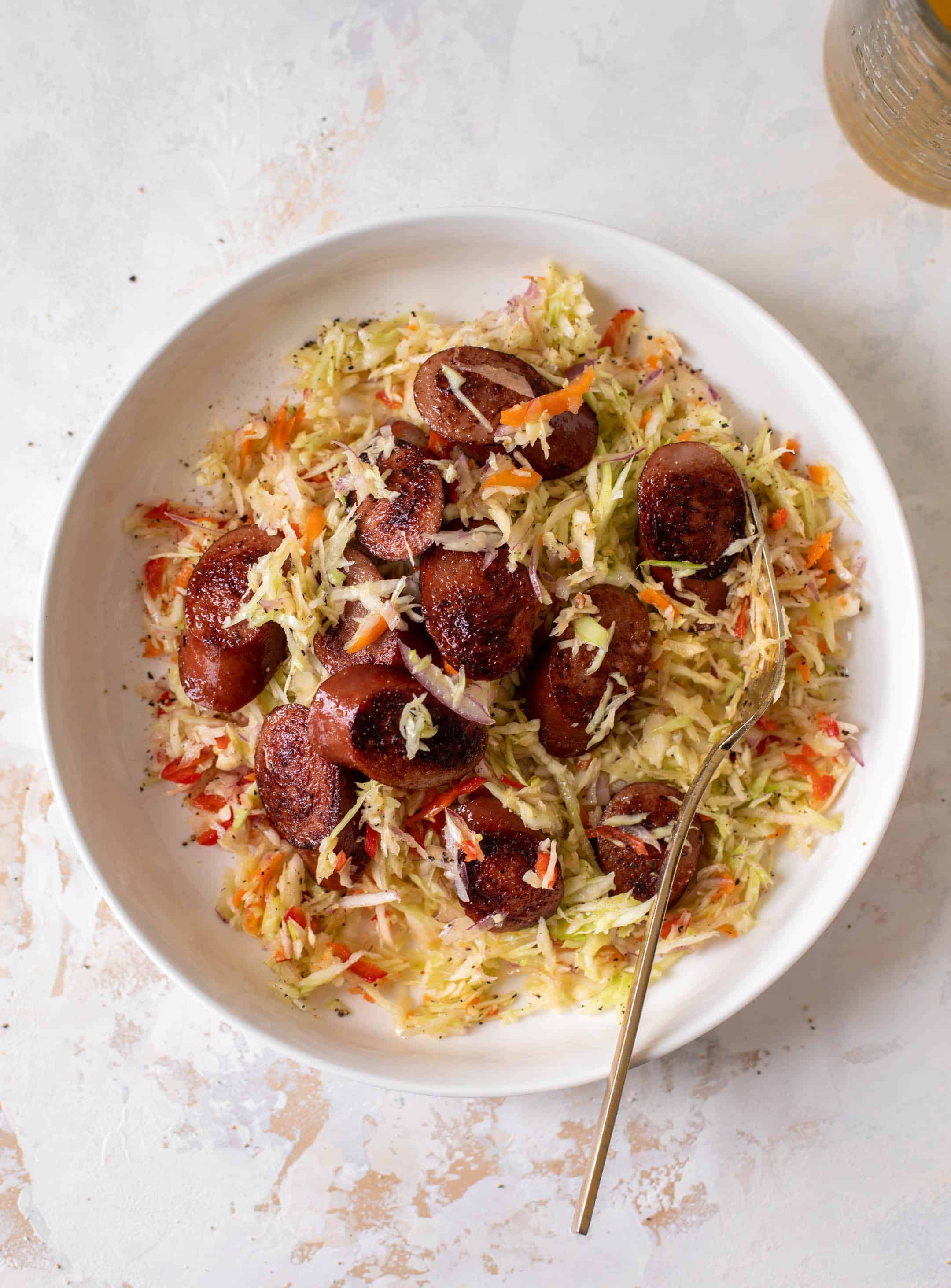 smoked sausage salad with shredded cabbage
