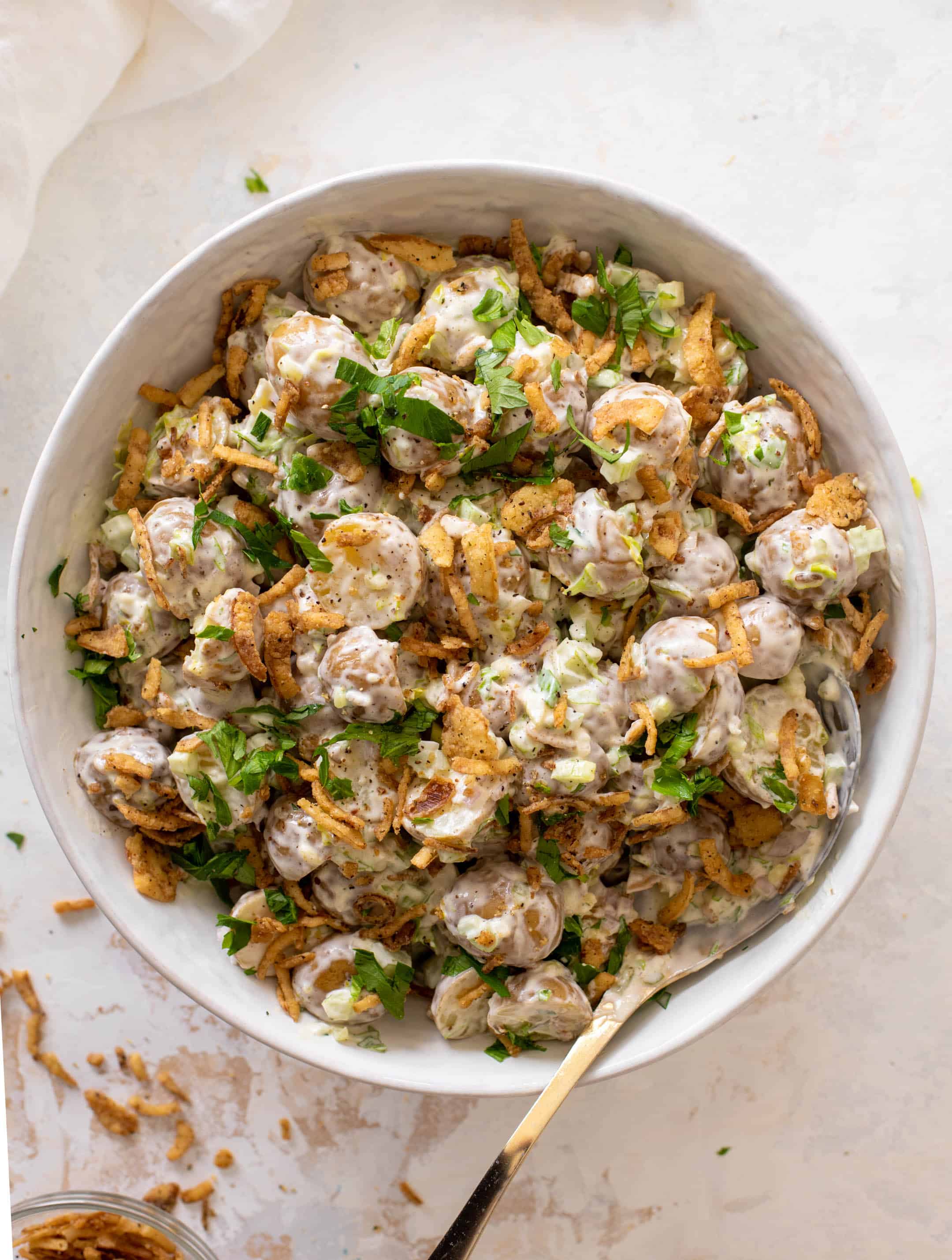 potato salad with crispy shallots