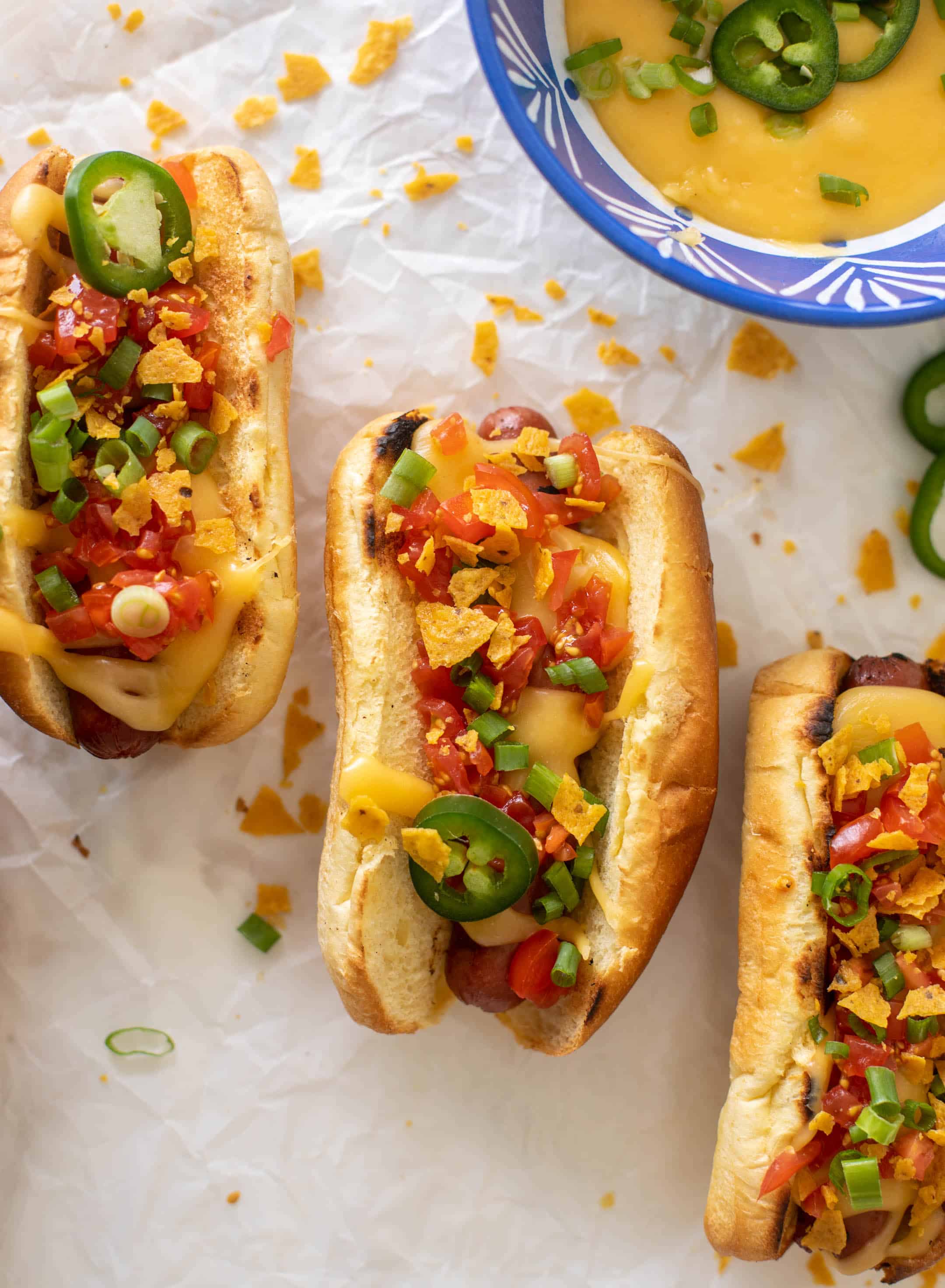 tortilla crunch queso hot dogs