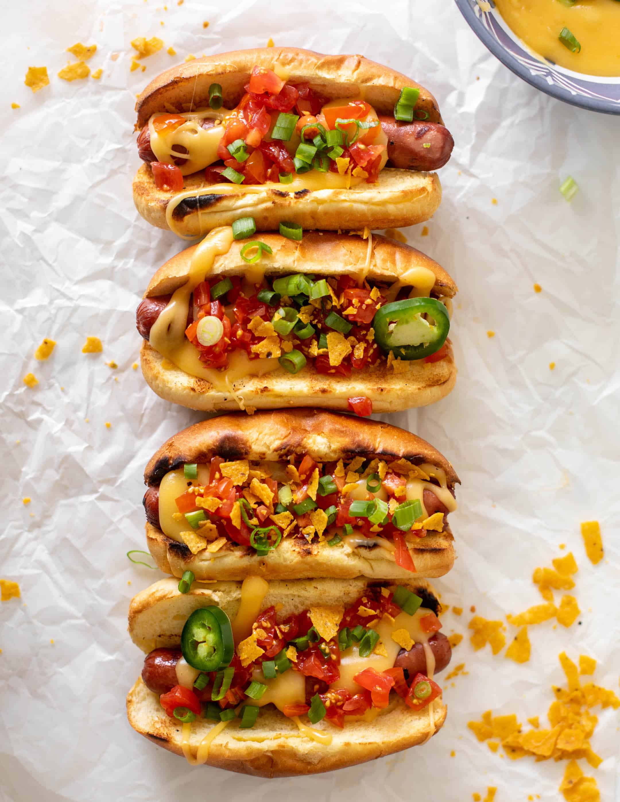 tortilla crunch queso hot dogs