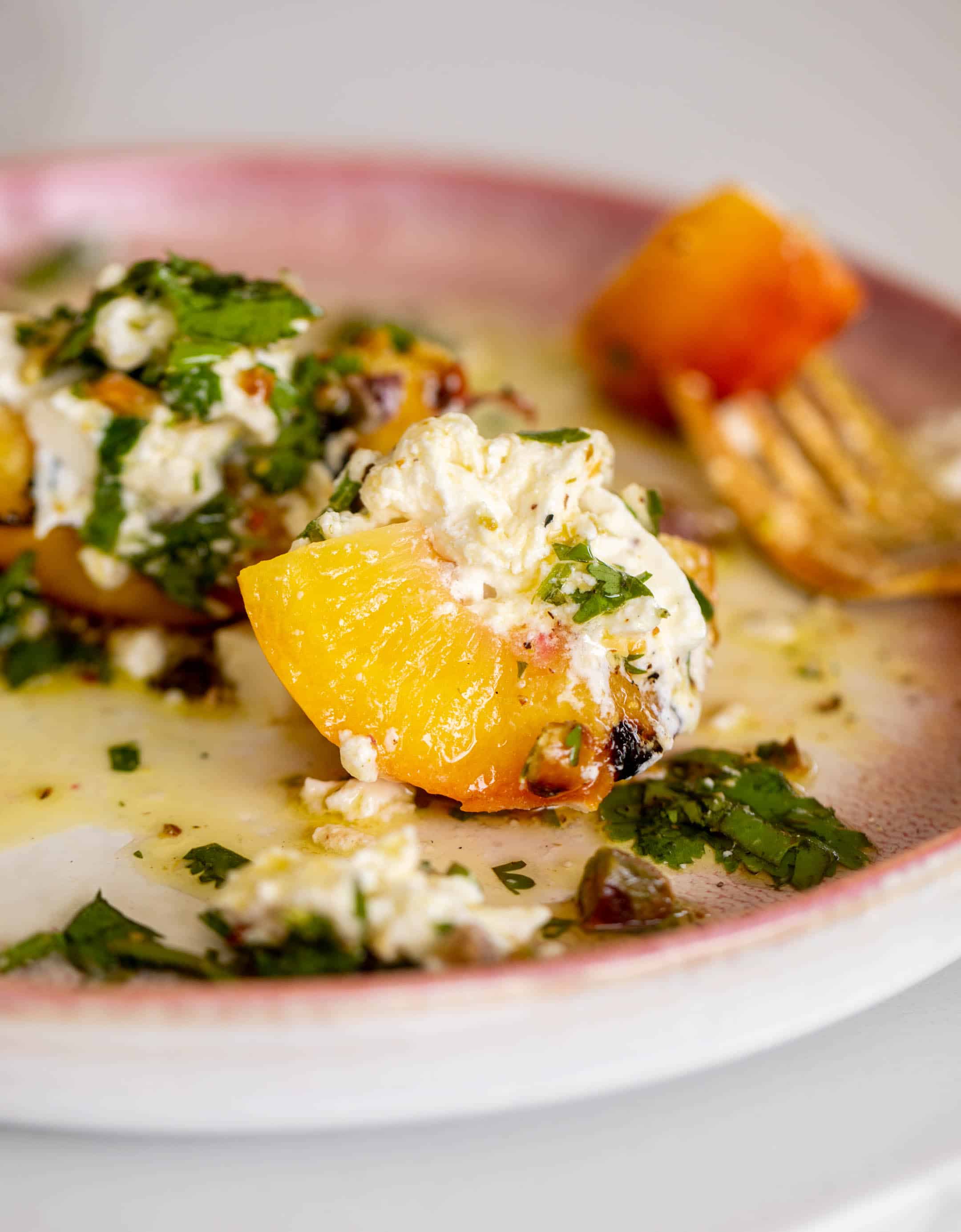 grilled peaches with burrata and pistachio vinaigrette
