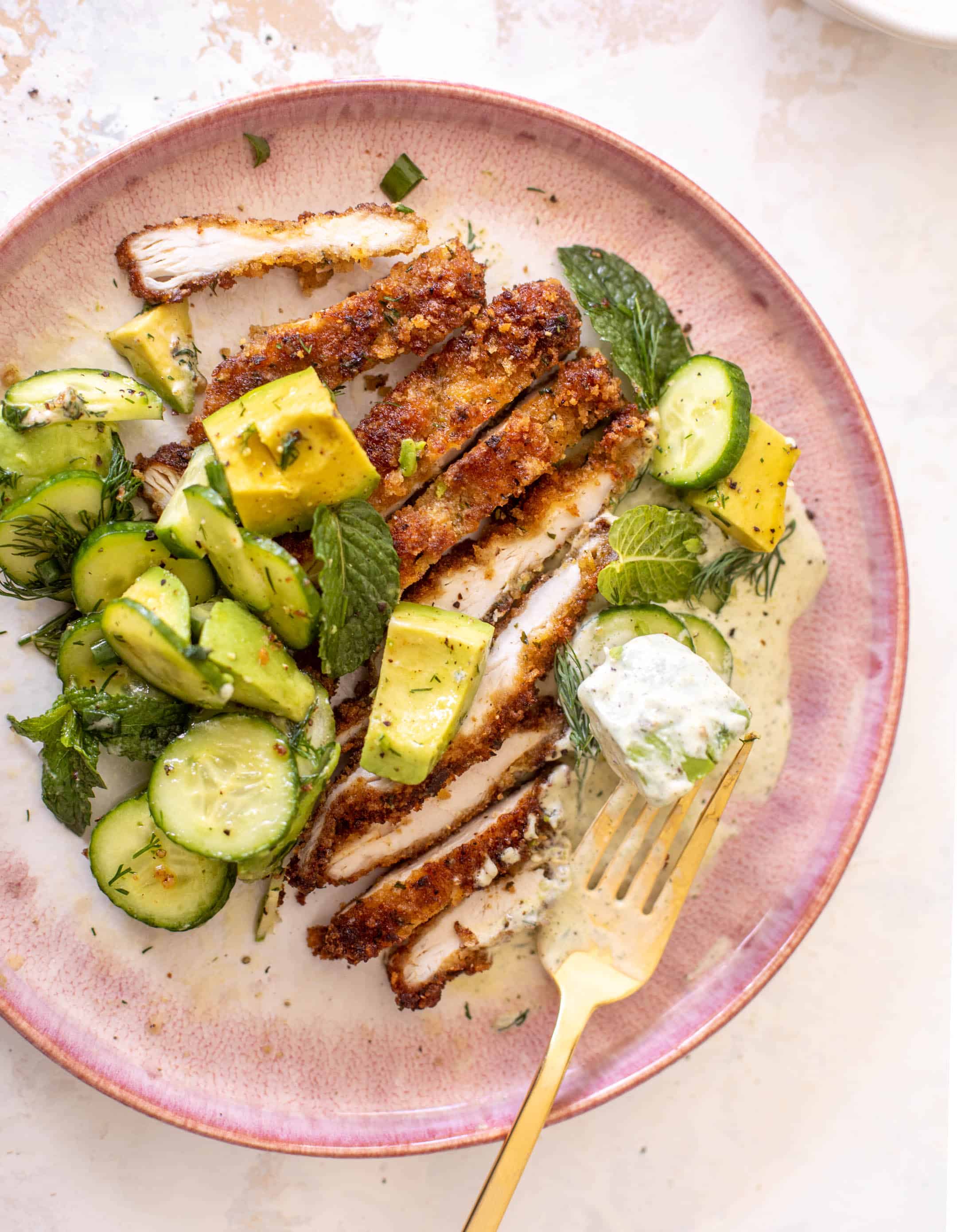 crispy chicken with avocado salad