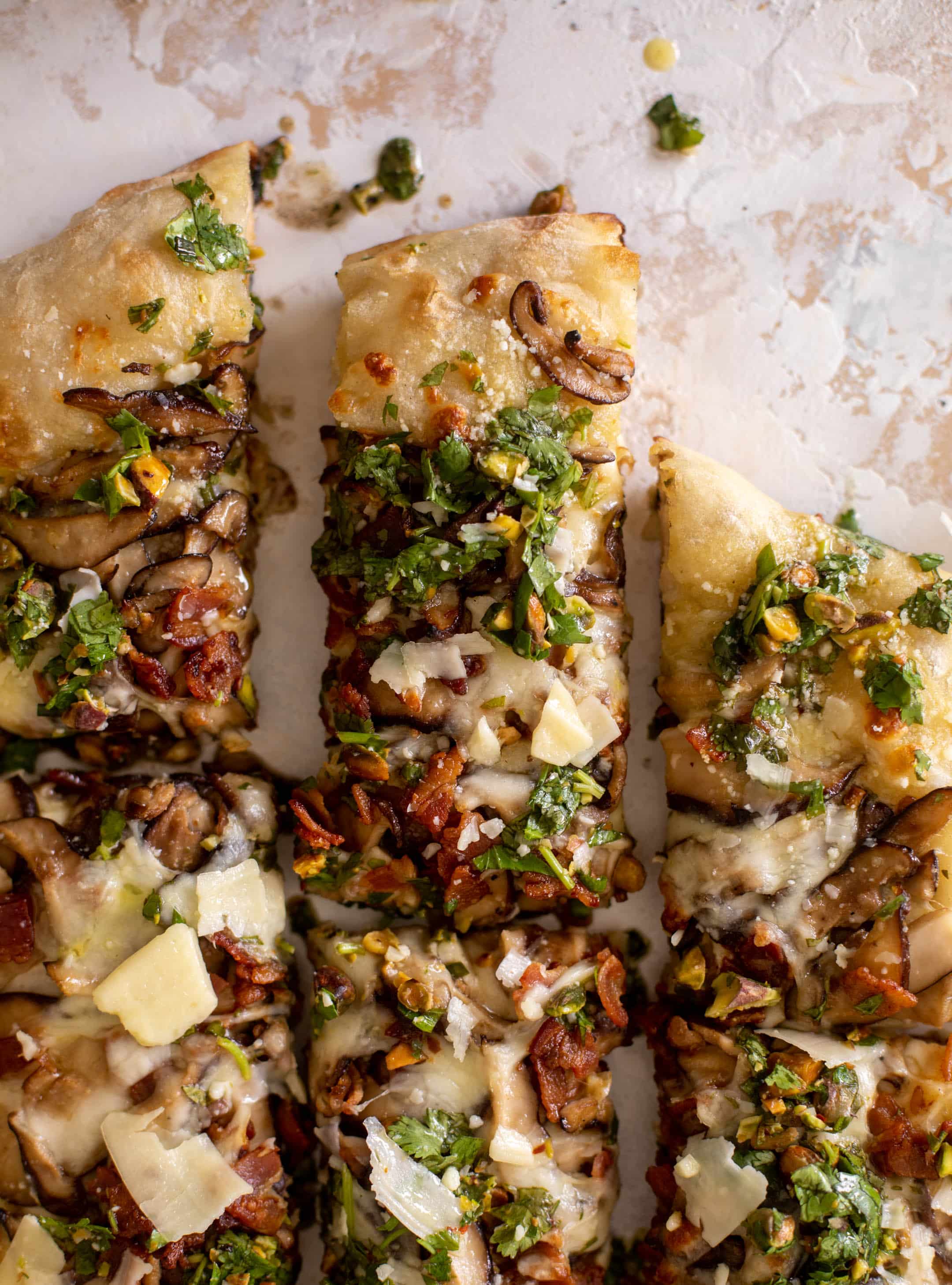 summer mushroom pizza with pistachio vinaigrette
