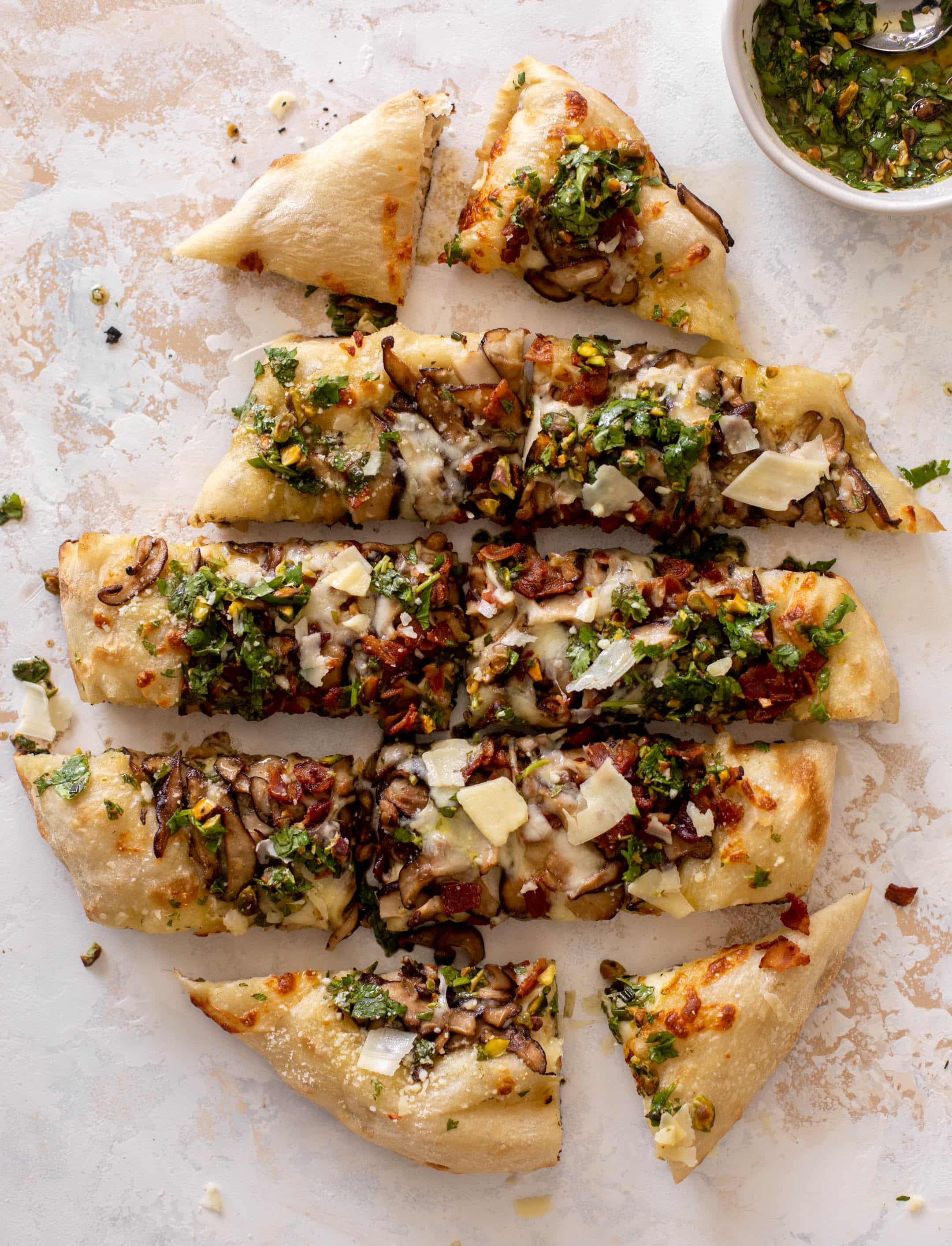 summer mushroom pizza with pistachio vinaigrette