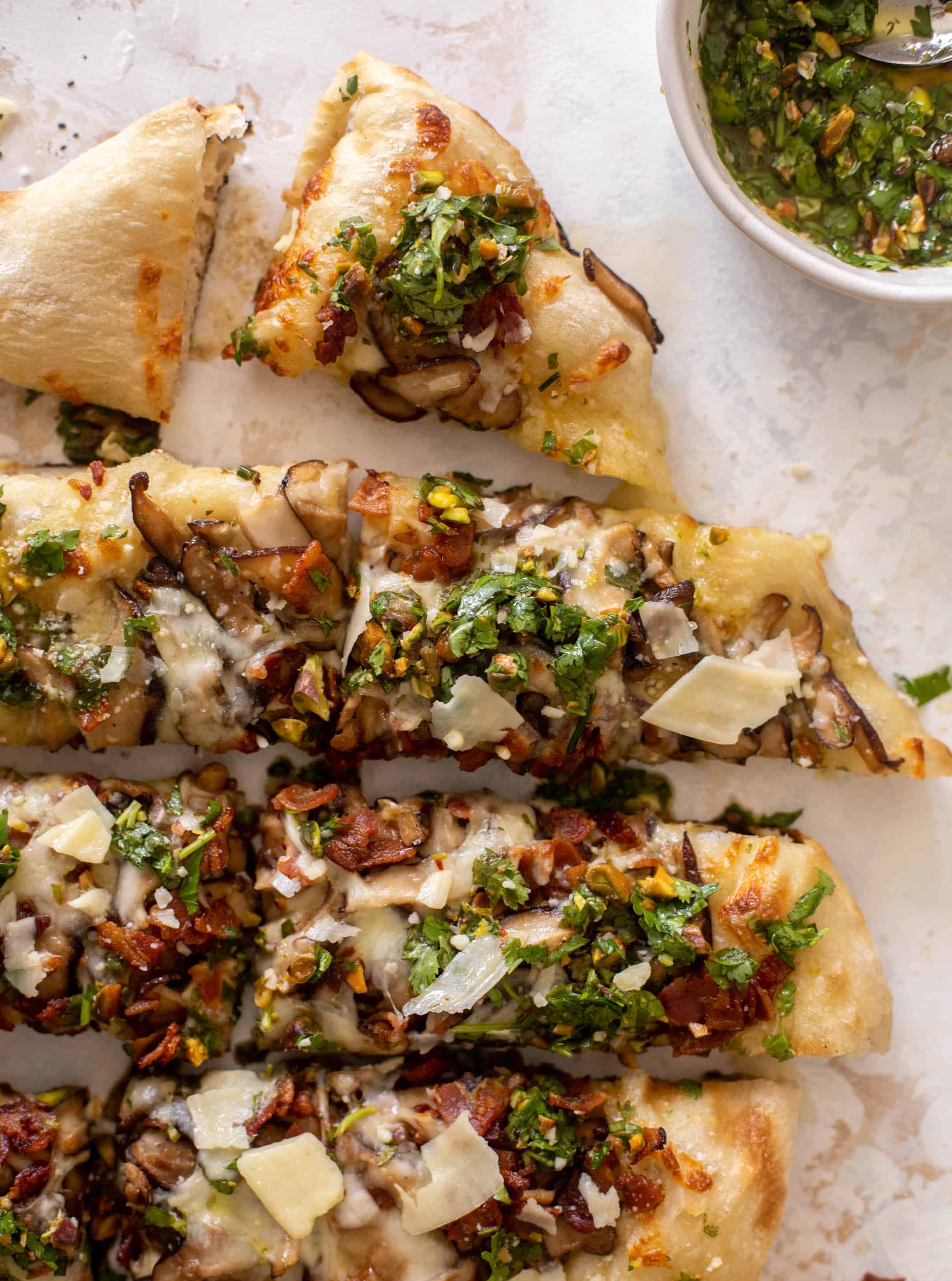 summer mushroom pizza with pistachio vinaigrette
