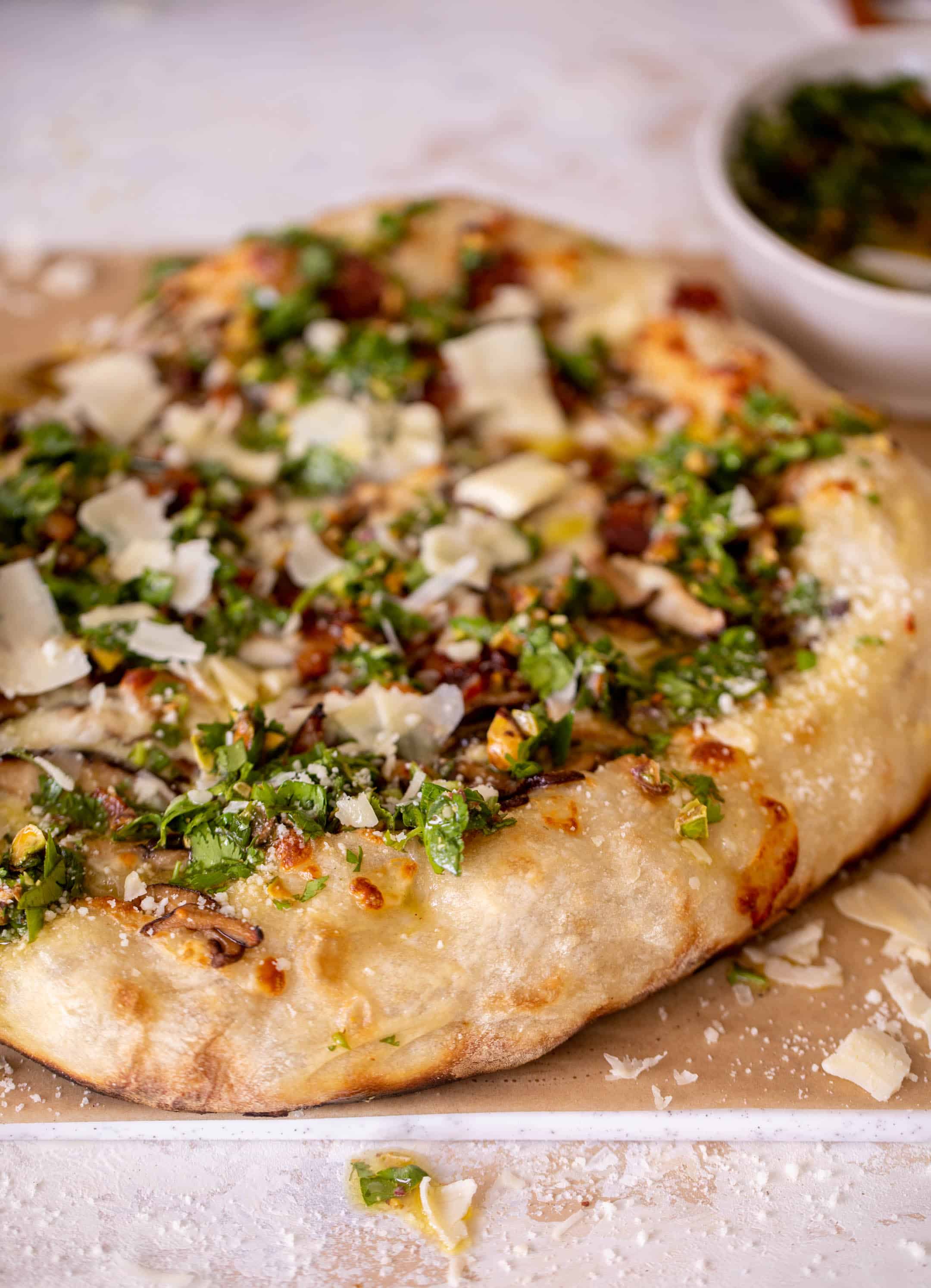 summer mushroom pizza with pistachio vinaigrette