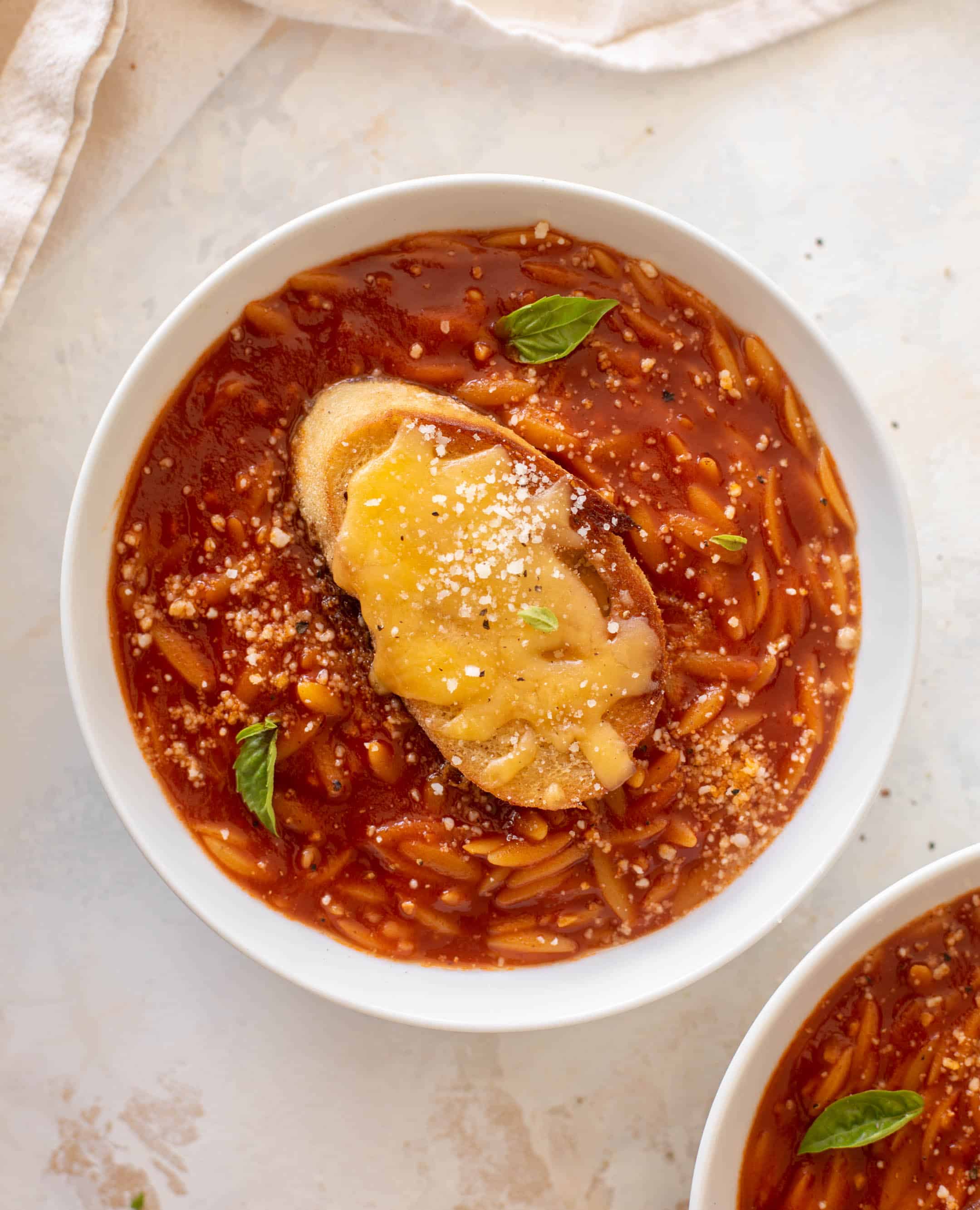 tomato orzo soup with crunchy cheddar toasts