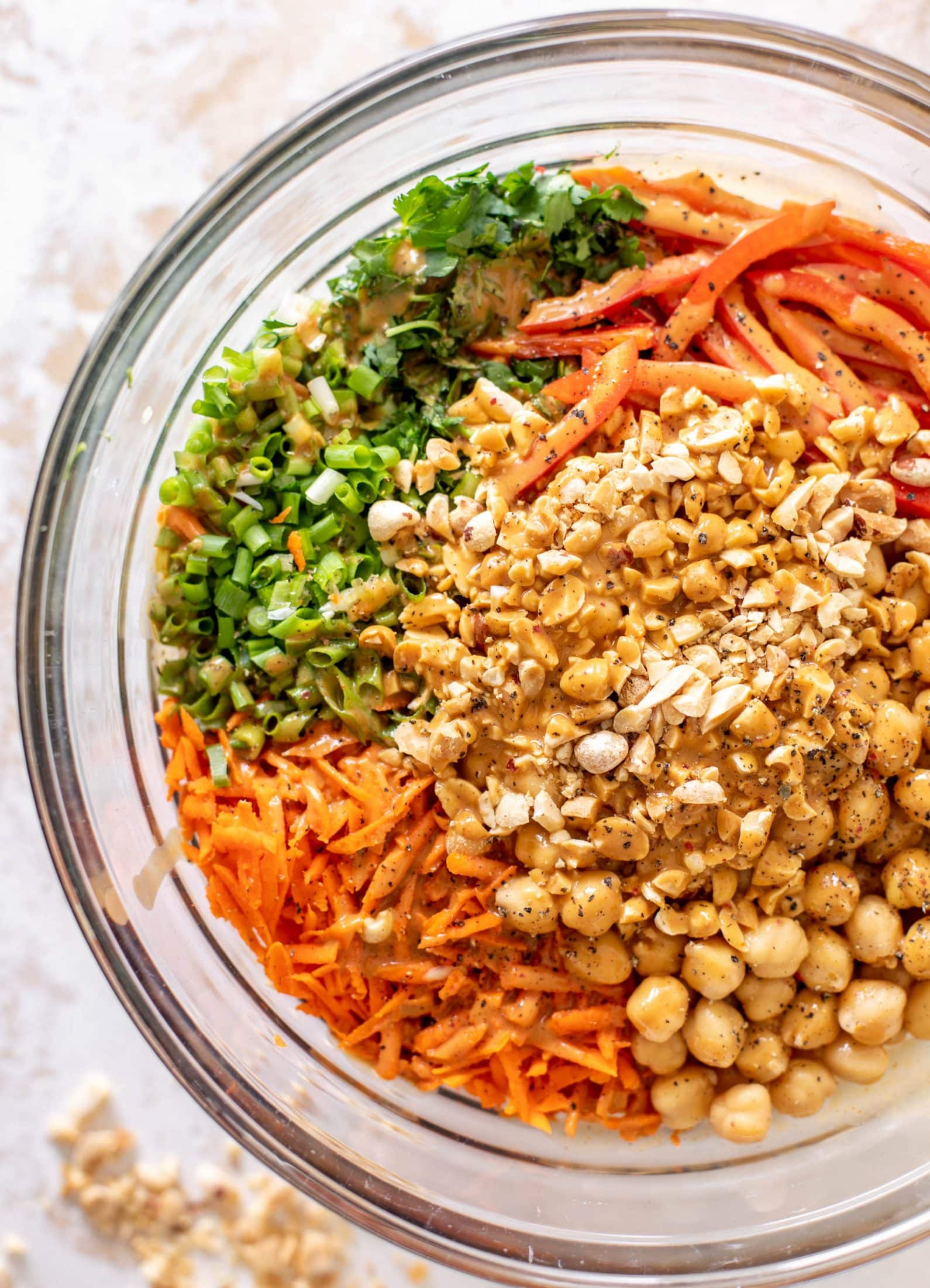 chickpea crunch salad with peanut dressing