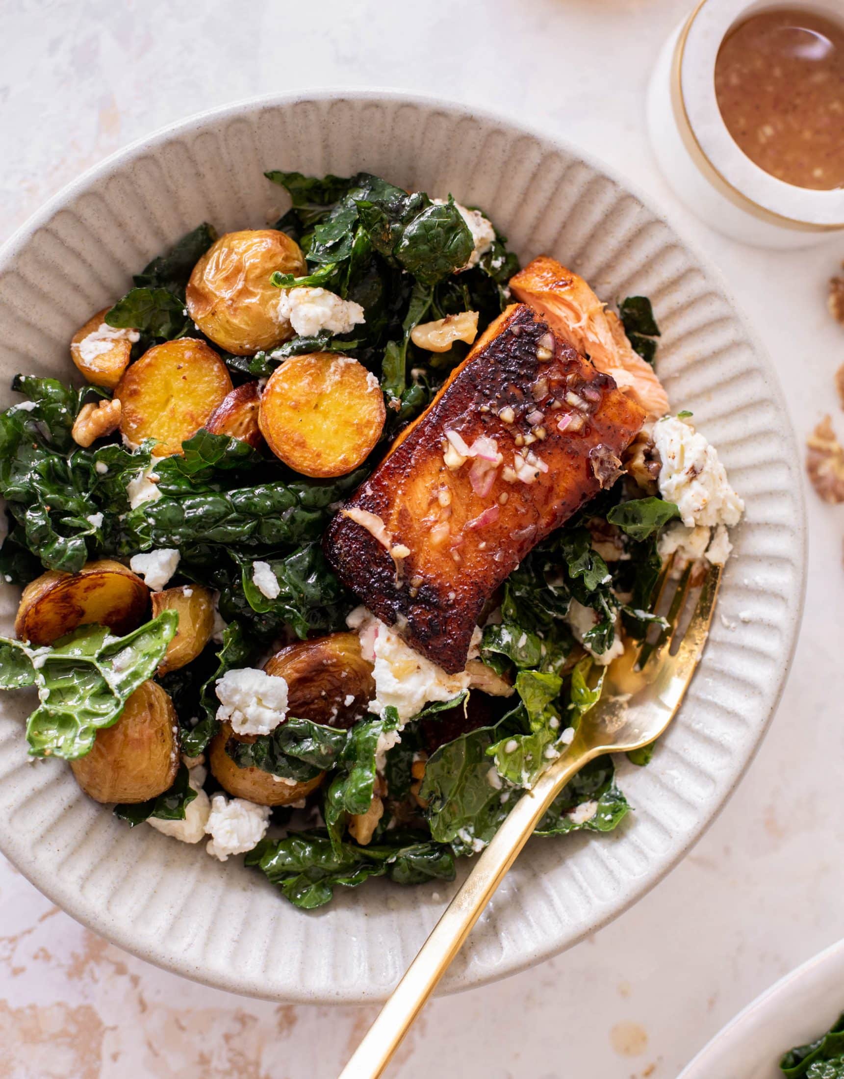 sticky cider salmon kale salad