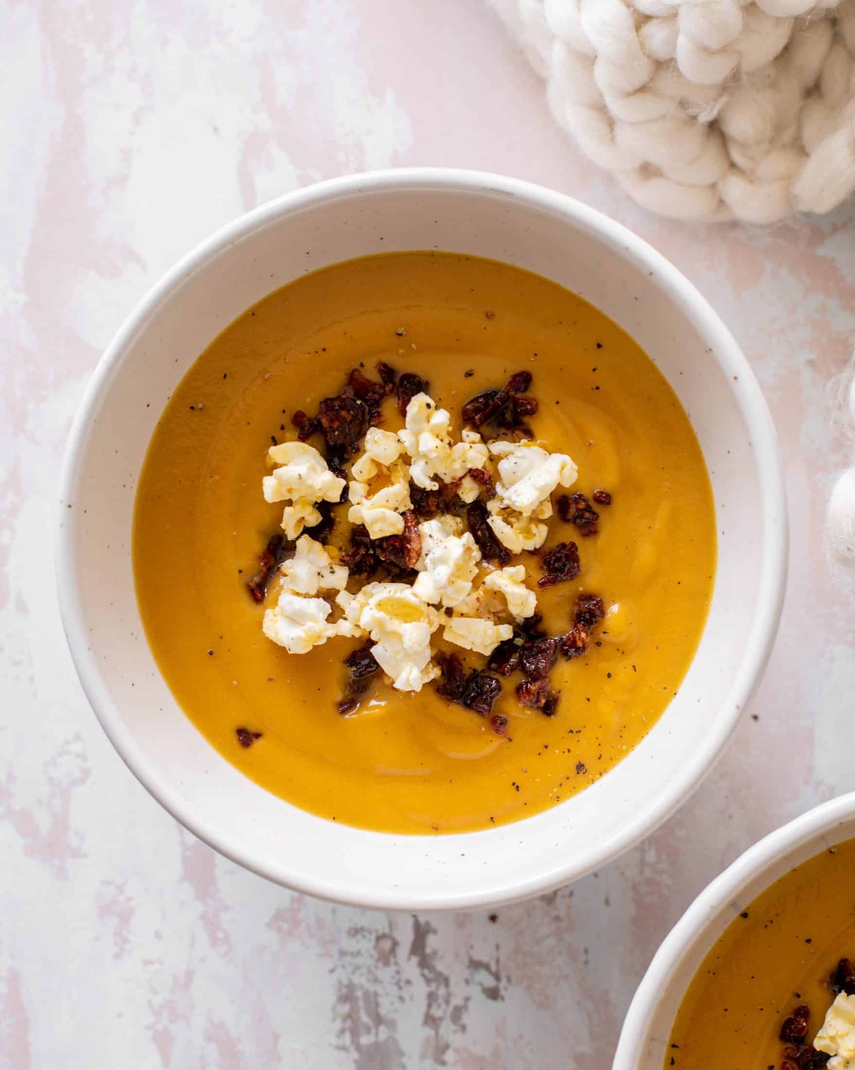 honeynut squash soup with buttered popcorn