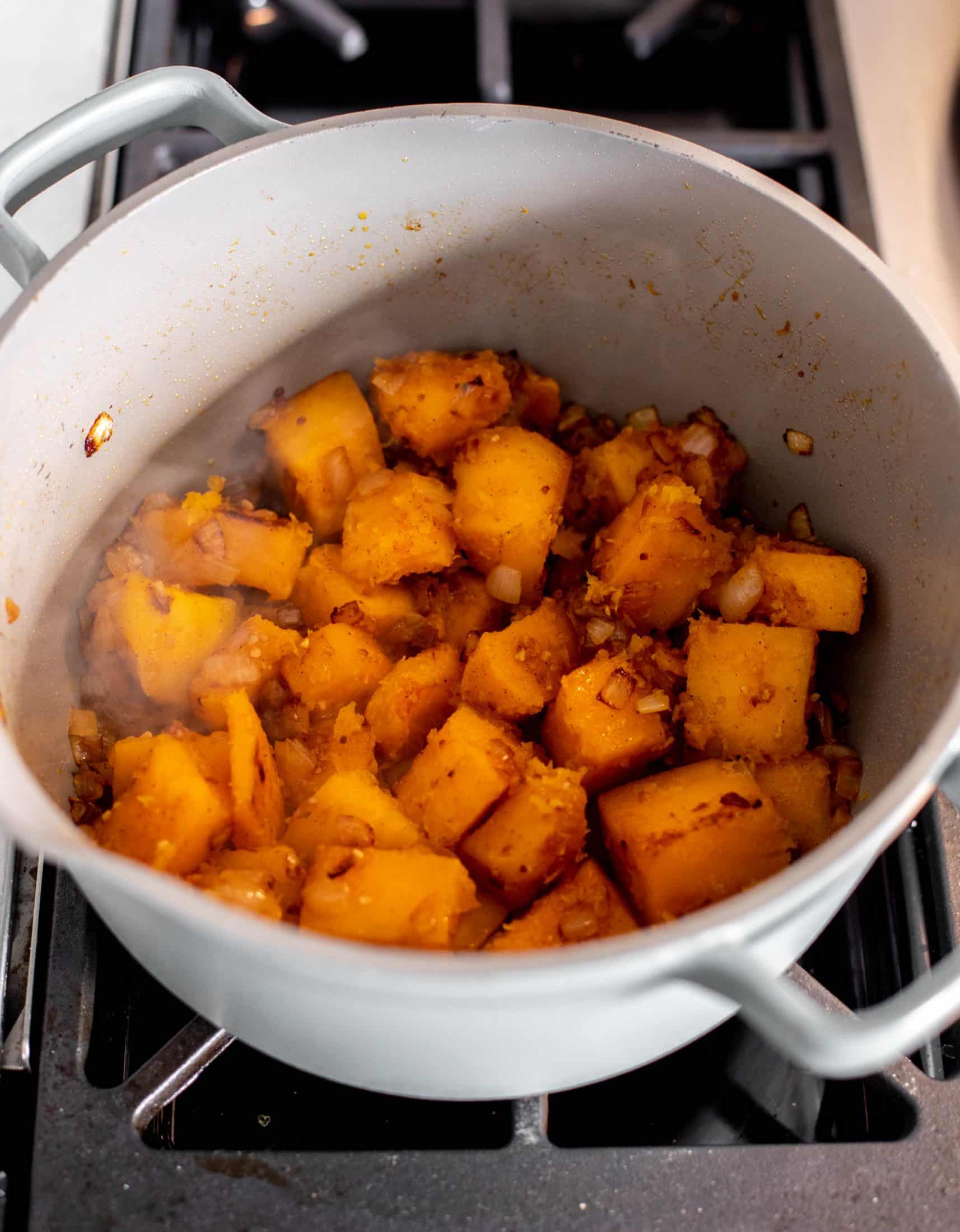honeynut squash soup with buttered popcorn