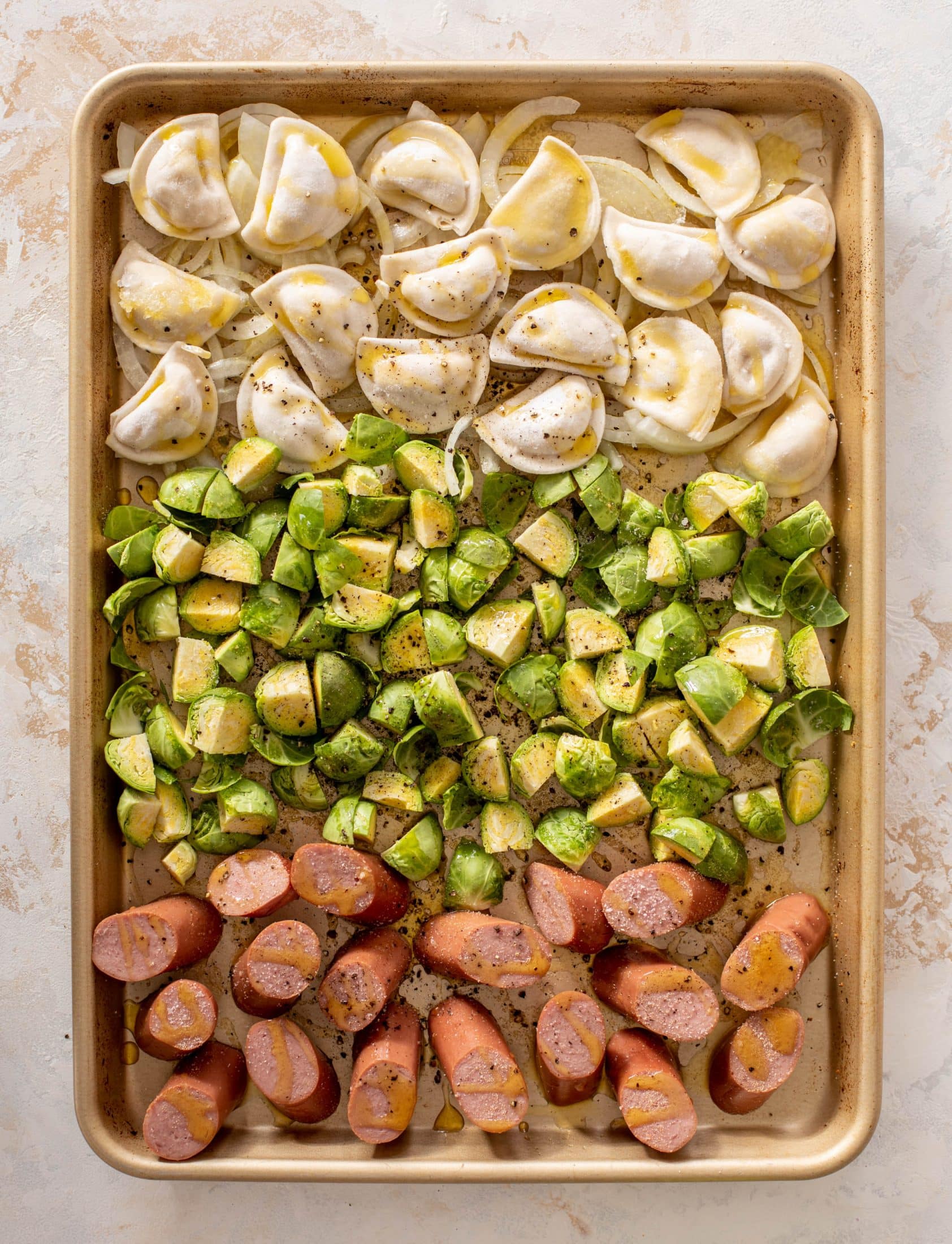 sheet pan pierogi, smoked sausage and brussels sprouts