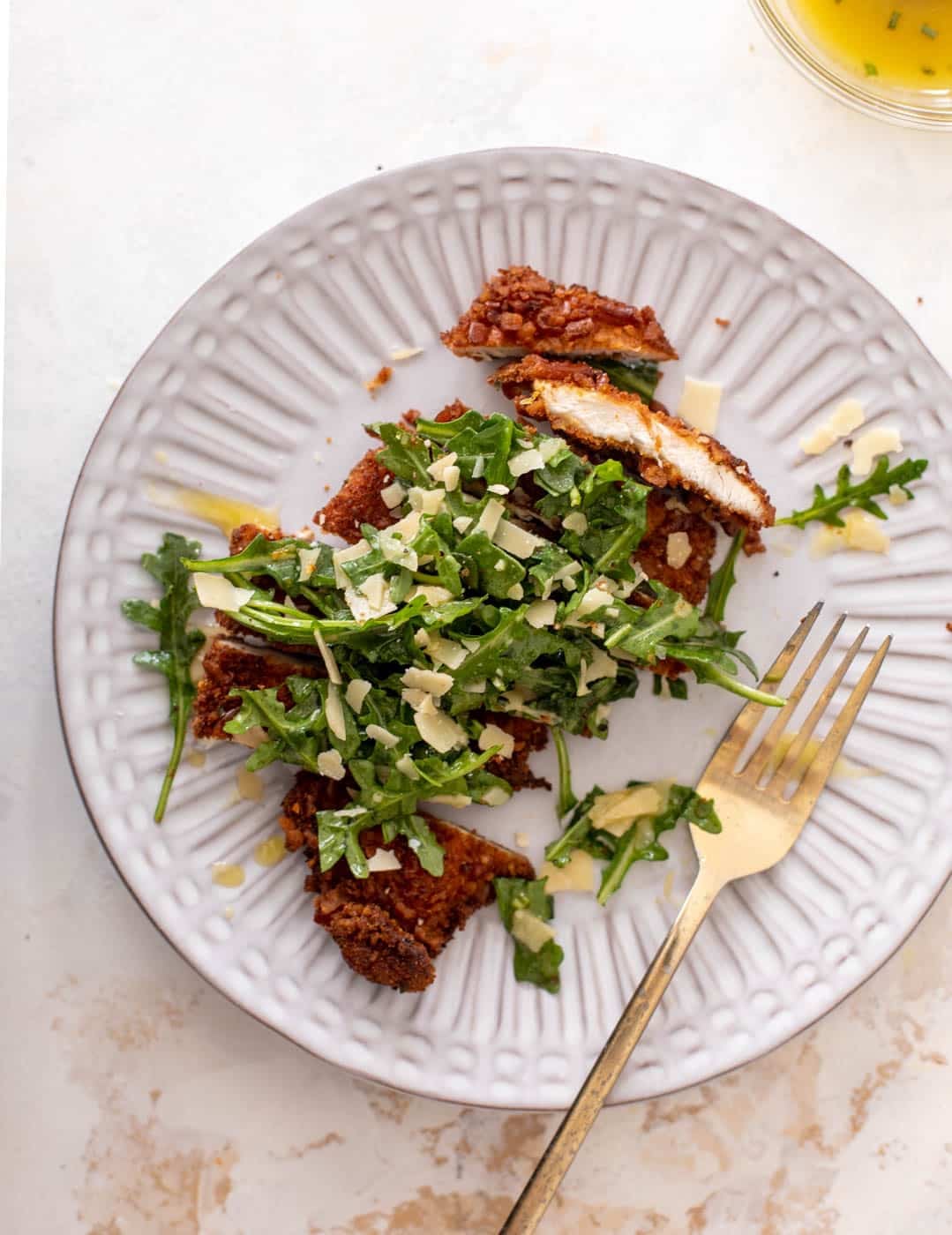 pretzel crusted chicken with honey mustard arugula