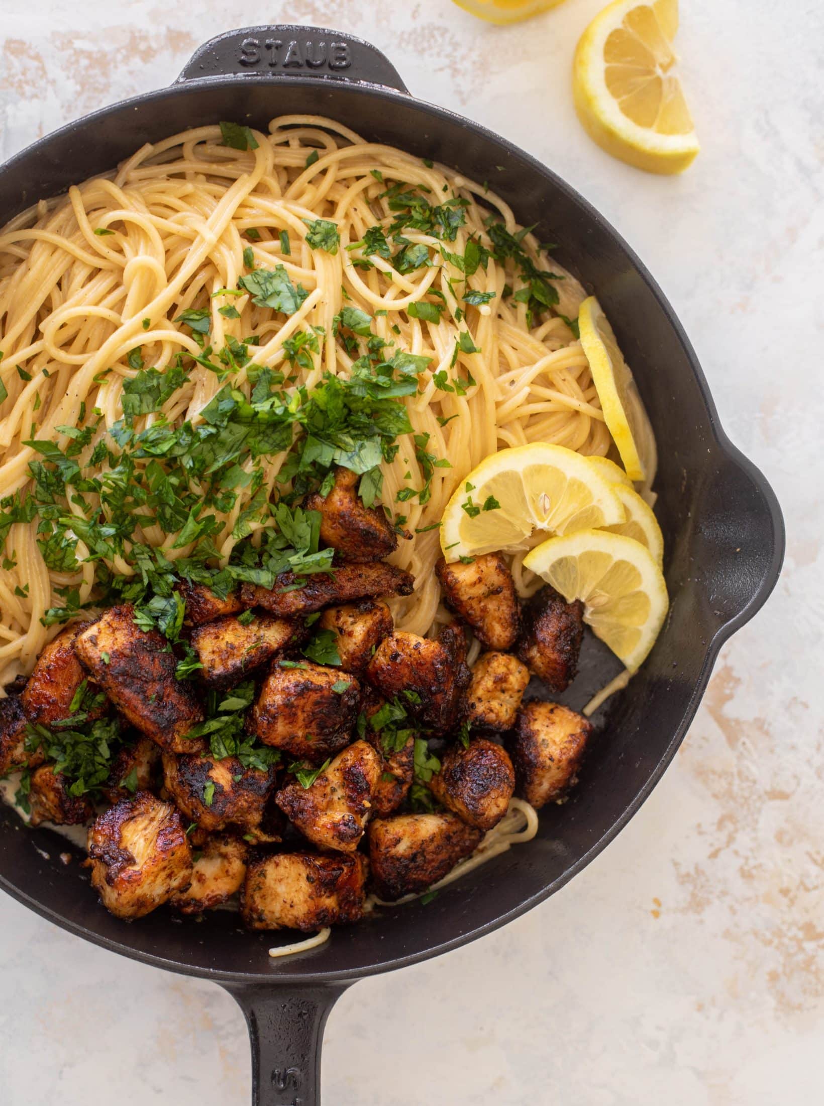 crispy lemon chicken bites and spaghetti