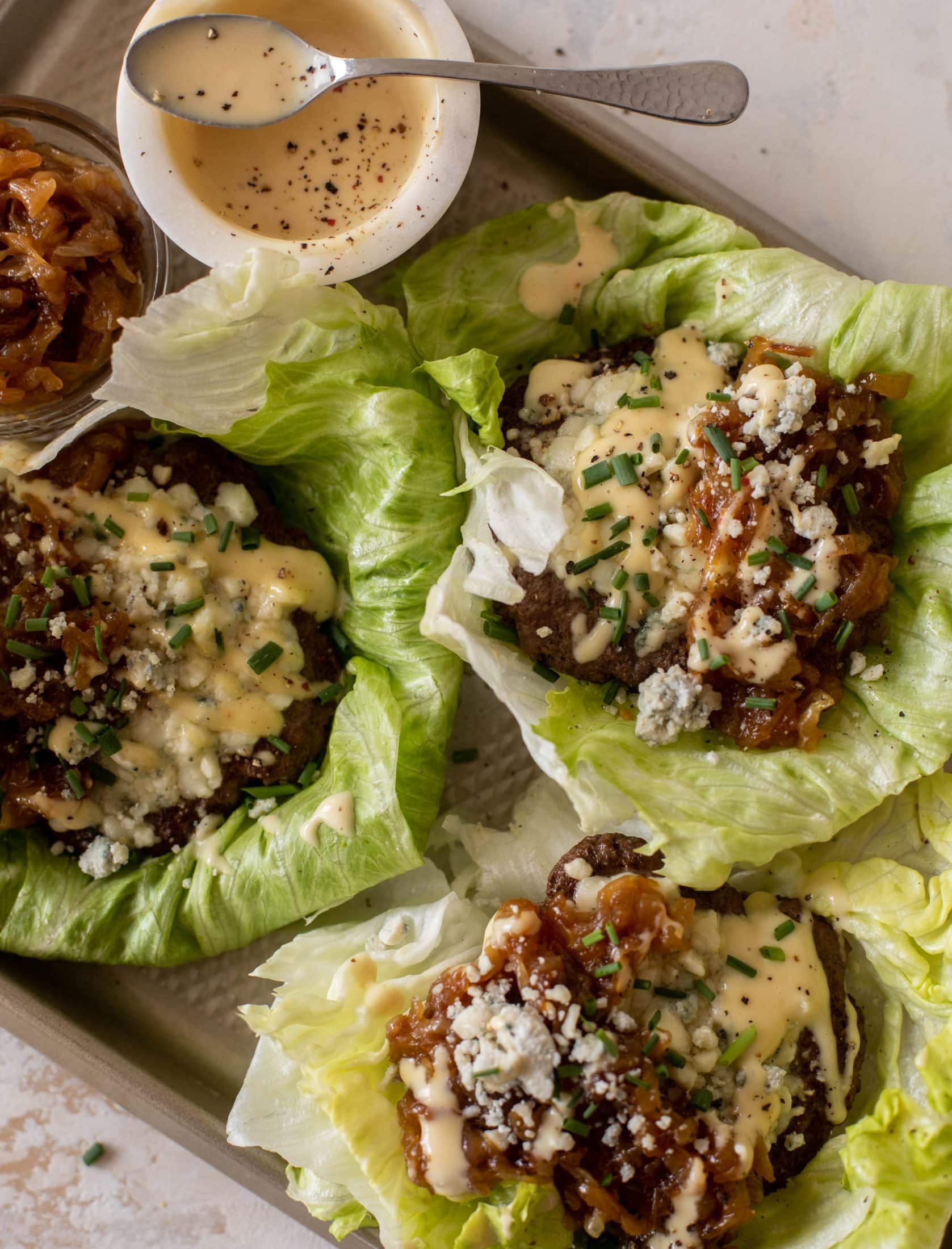 lettuce wrap burgers with caramelized onions
