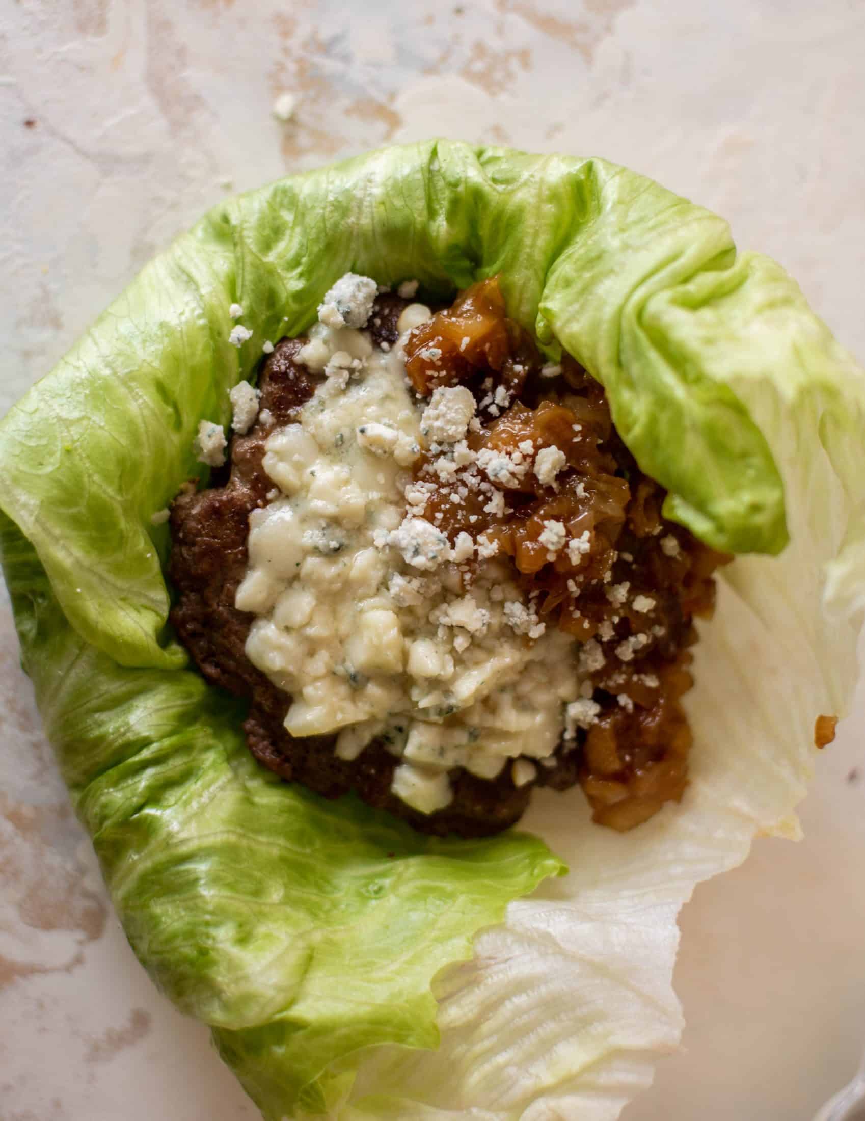 lettuce wrap burgers with caramelized onions
